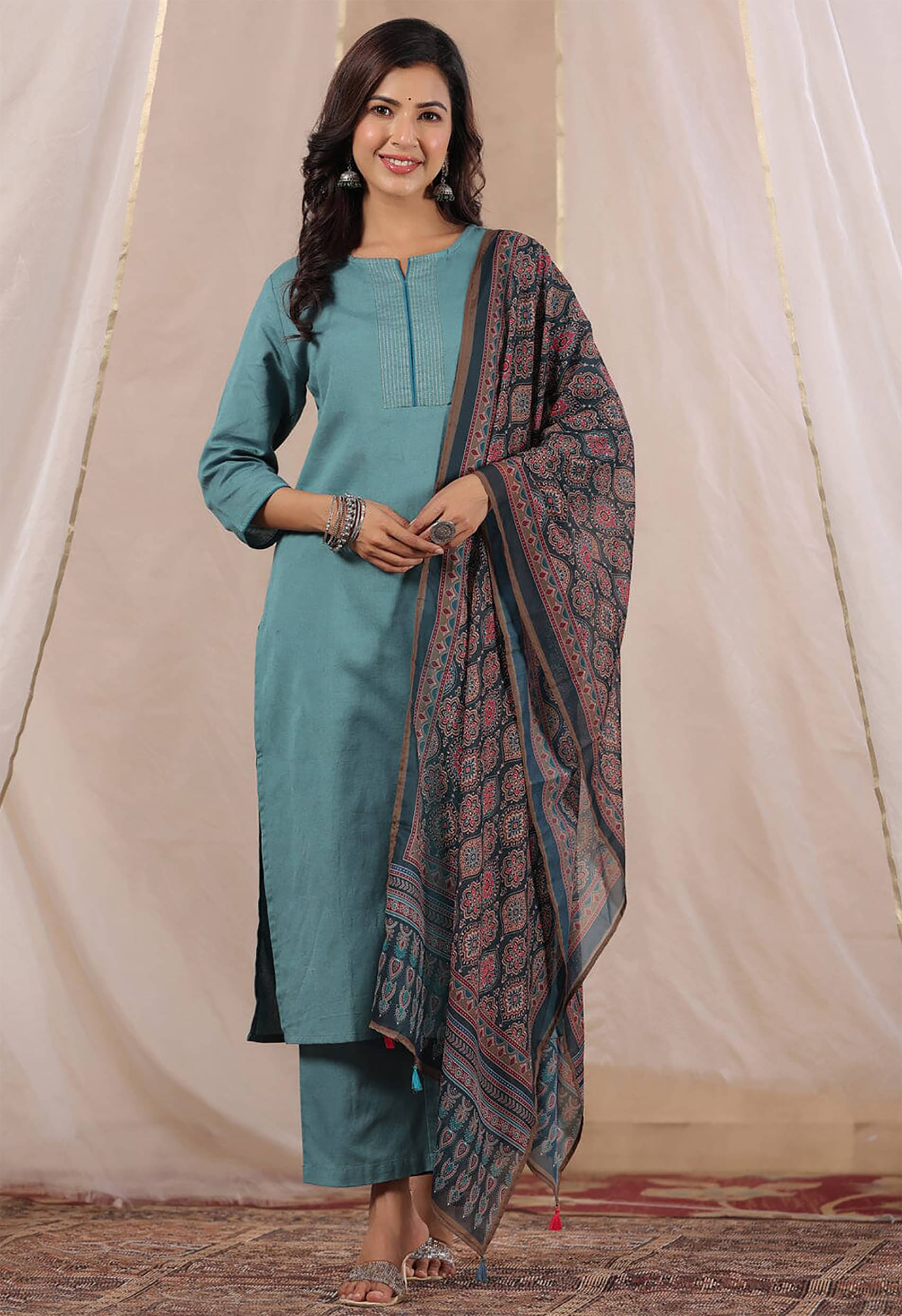     			Trijal Fab Cotton Silk Solid Kurti With Pants Women's Stitched Salwar Suit - Light Blue ( Pack of 1 )