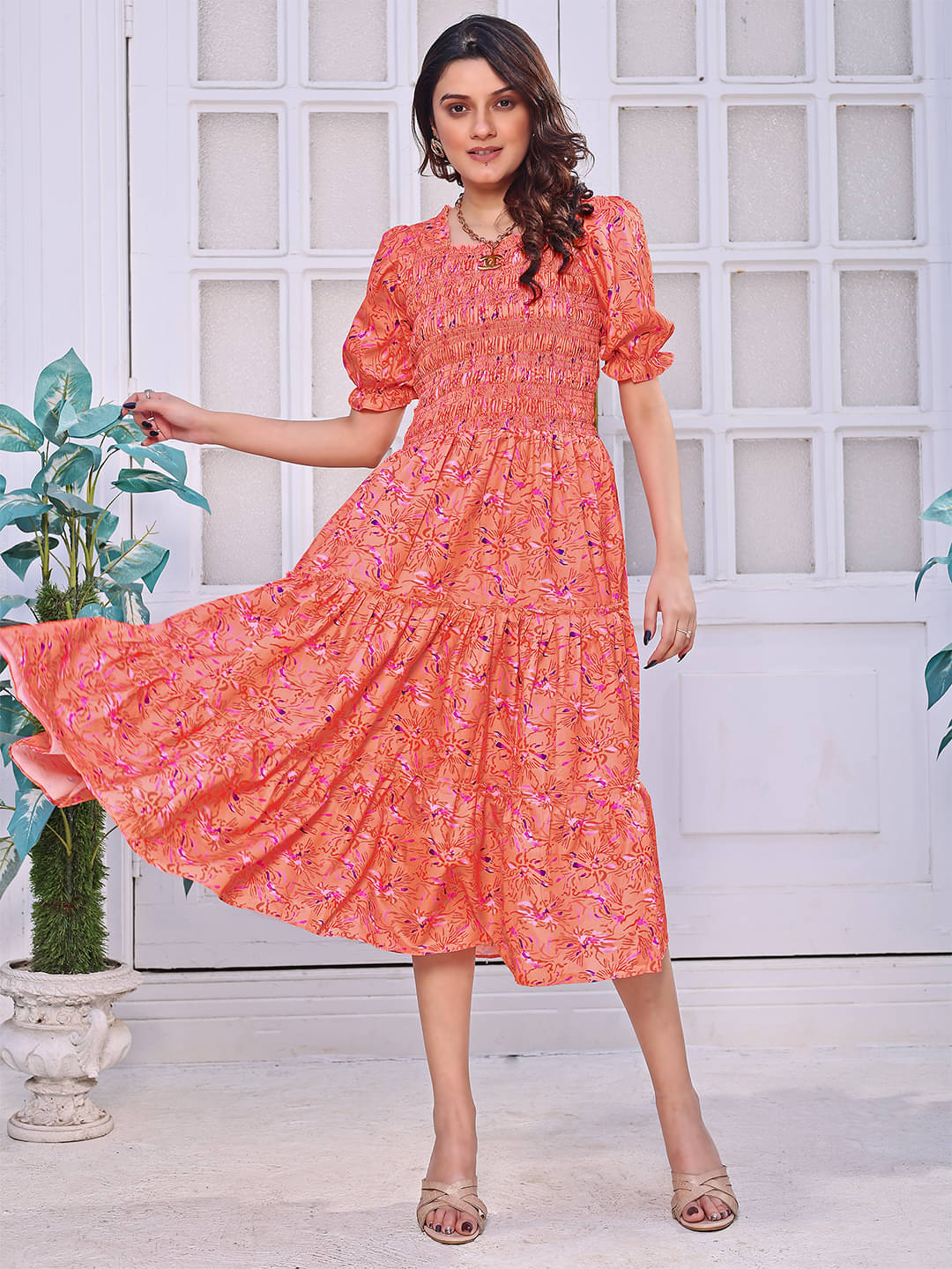 Trijal Fab Crepe Printed Midi Women's Fit & Flare Dress - Pink ( Pack of 1 ) Trijal Fab Crepe Printed Midi Women's Fit & Flare Dress - Pink ( Pack of 1 )