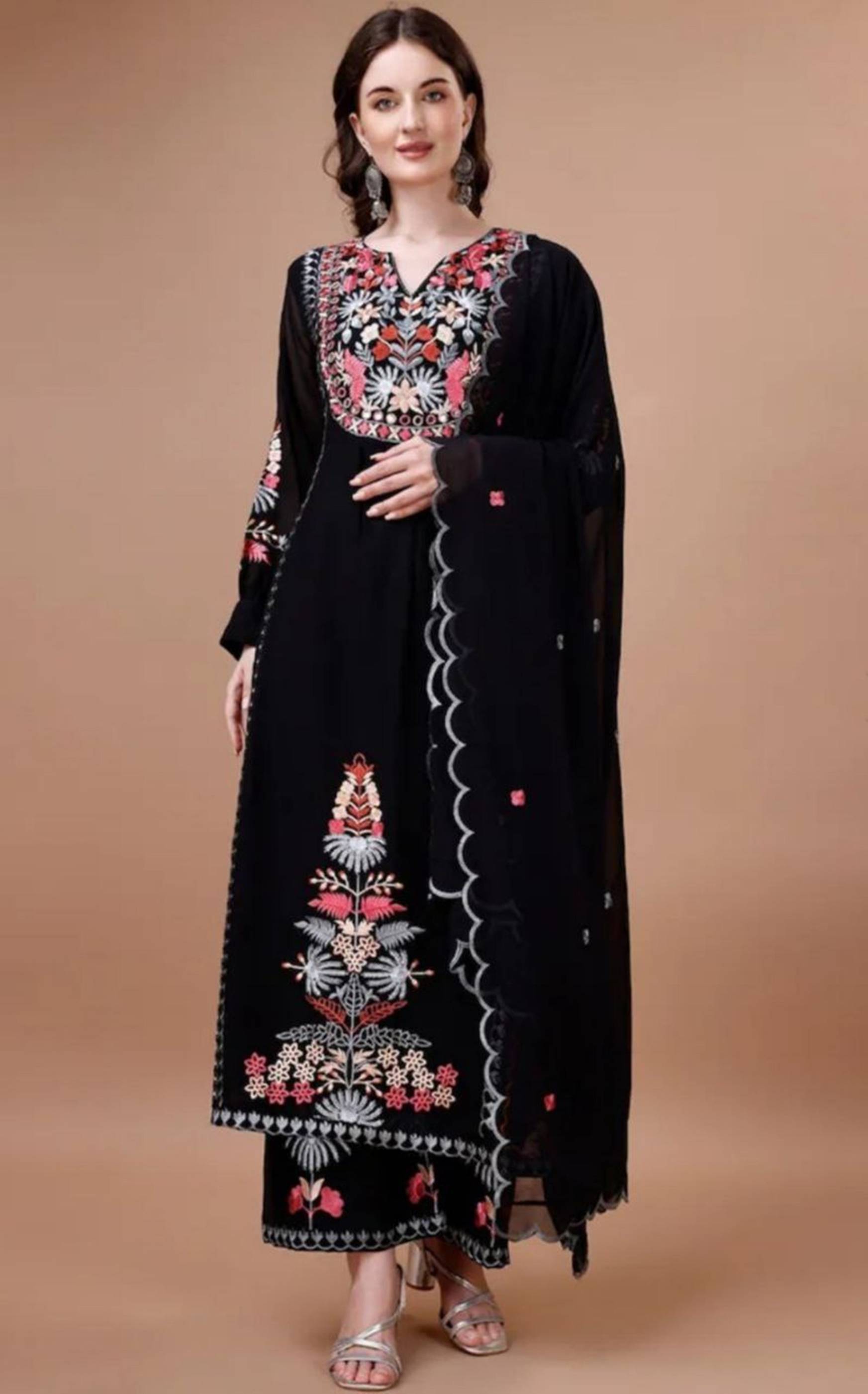 Trijal Fab Georgette Embroidered Kurti With Pants Women's Stitched Salwar Suit - Black ( Pack of 1 ) Trijal Fab Georgette Embroidered Kurti With Pants Women's Stitched Salwar Suit - Black ( Pack of 1 )