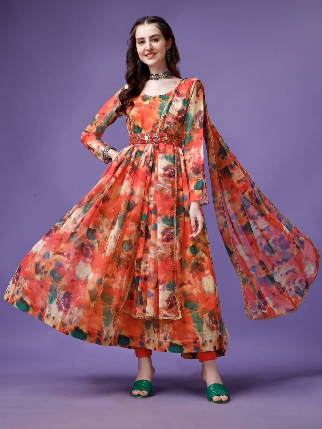 Trijal Fab Multicolor Anarkali Georgette Women's Stitched Ethnic Gown ( Pack of 1 )     			Trijal Fab Multicolor Anarkali Georgette Women's Stitched Ethnic Gown ( Pack of 1 )