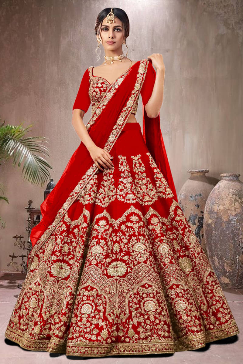 Trijal Fab Red Bhagalpuri Silk Circular Semi Stitched Lehenga Single Trijal Fab Red Bhagalpuri Silk Circular Semi Stitched Lehenga Single