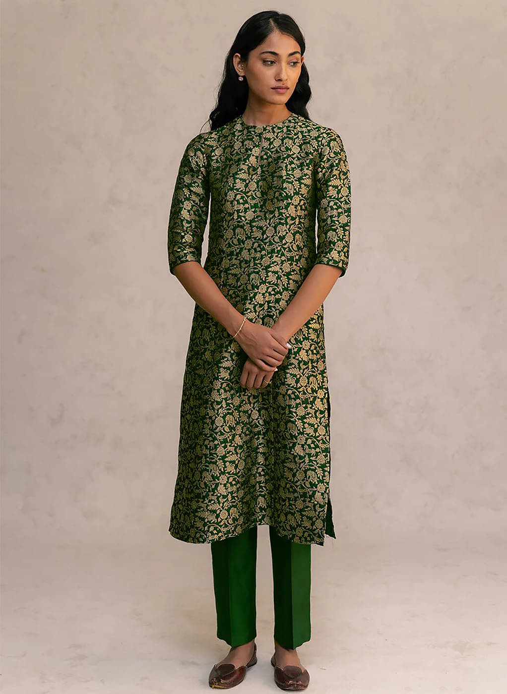Trijal Fab Silk Blend Self Design Kurti With Pants Women's Stitched Salwar Suit - Green ( Pack of 1 ) Trijal Fab Silk Blend Self Design Kurti With Pants Women's Stitched Salwar Suit - Green ( Pack of 1 )