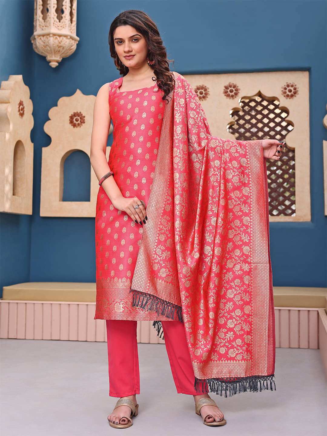 Trijal Fab Silk Blend Self Design Kurti With Pants Women's Stitched Salwar Suit - Pink ( Pack of 1 ) Trijal Fab Silk Blend Self Design Kurti With Pants Women's Stitched Salwar Suit - Pink ( Pack of 1 )