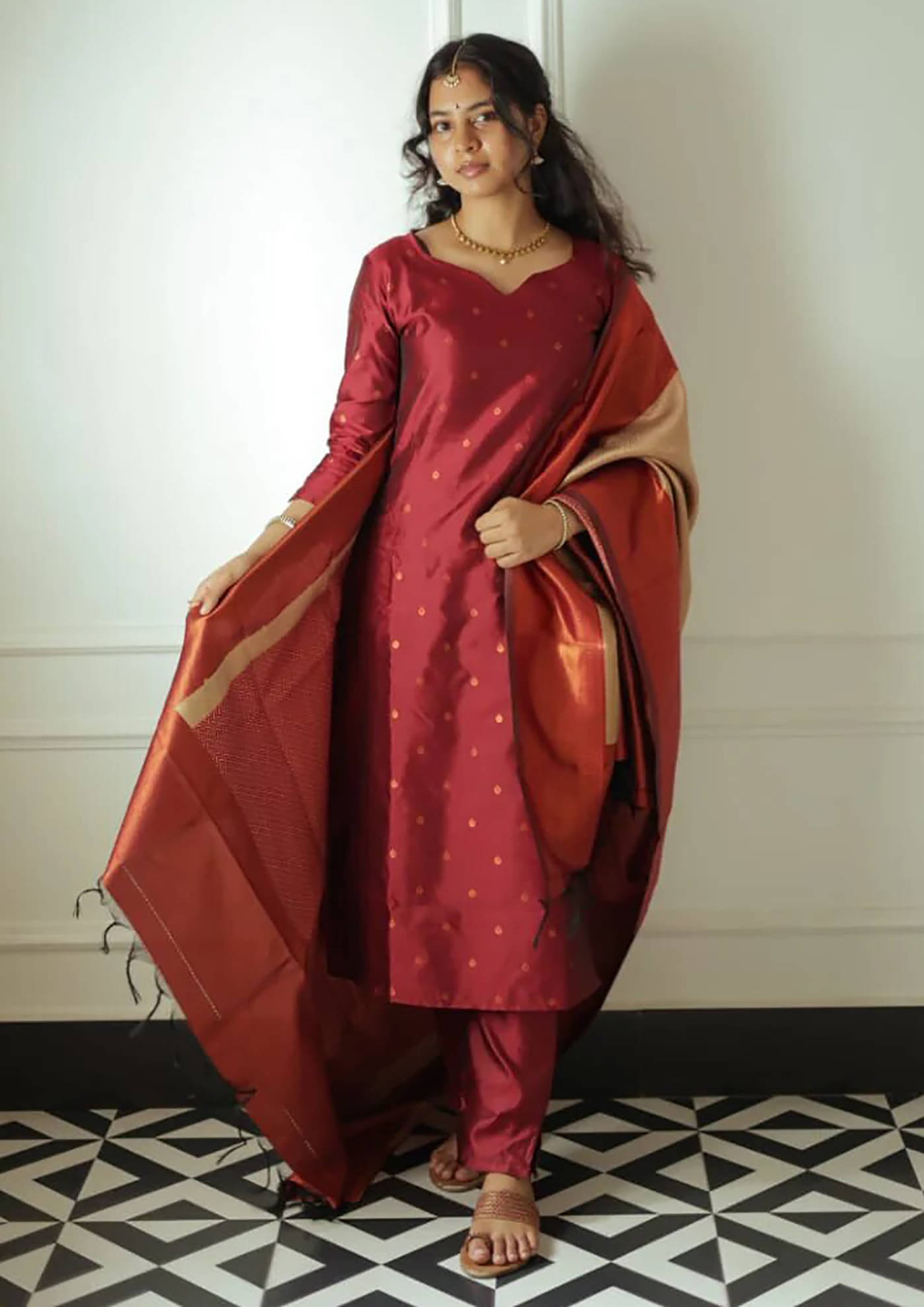 Trijal Fab Silk Blend Self Design Kurti With Pants Women's Stitched Salwar Suit - Maroon ( Pack of 1 )     			Trijal Fab Silk Blend Self Design Kurti With Pants Women's Stitched Salwar Suit - Maroon ( Pack of 1 )