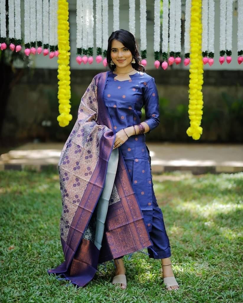 Trijal Fab Silk Blend Self Design Kurti With Pants Women's Stitched Salwar Suit - Blue ( Pack of 1 ) Trijal Fab Silk Blend Self Design Kurti With Pants Women's Stitched Salwar Suit - Blue ( Pack of 1 )