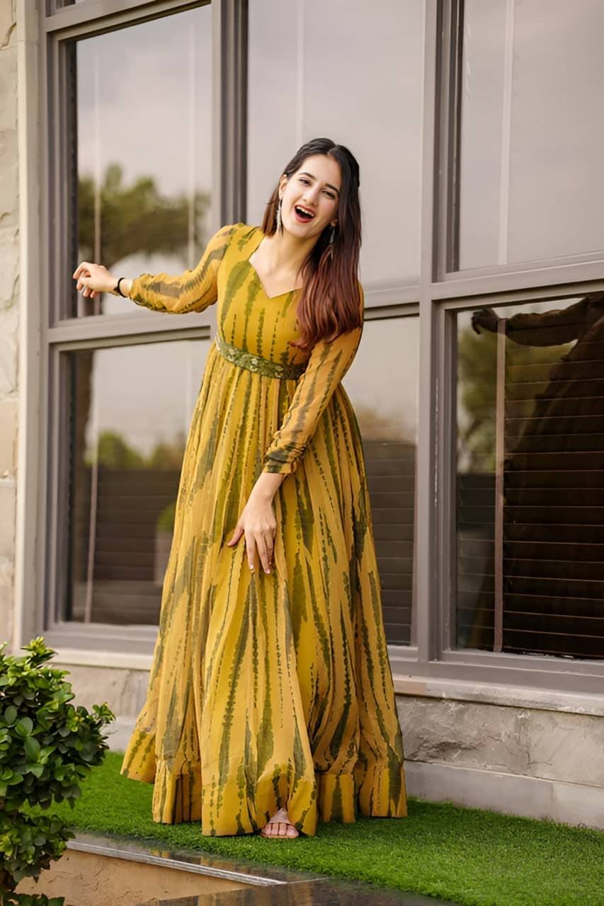 Trijal Fab Yellow Anarkali Georgette Women's Stitched Ethnic Gown ( Pack of 1 ) Trijal Fab Yellow Anarkali Georgette Women's Stitched Ethnic Gown ( Pack of 1 )