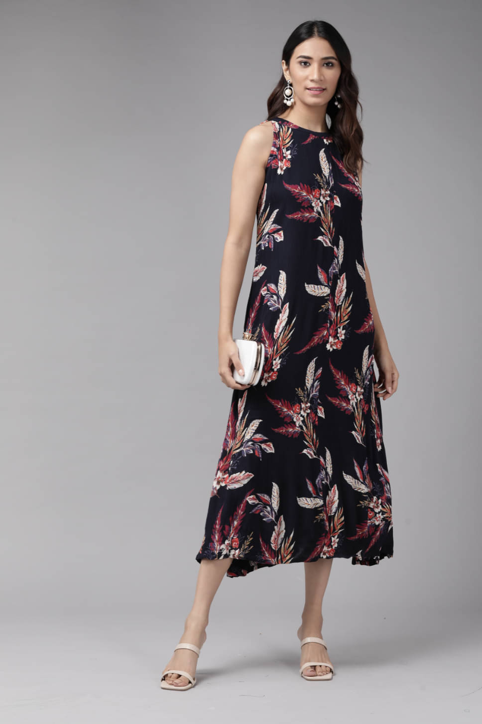 Yash Gallery Women Rayon Printed A-line Dress ( Blue ) Yash Gallery Women Rayon Printed A-line Dress ( Blue )