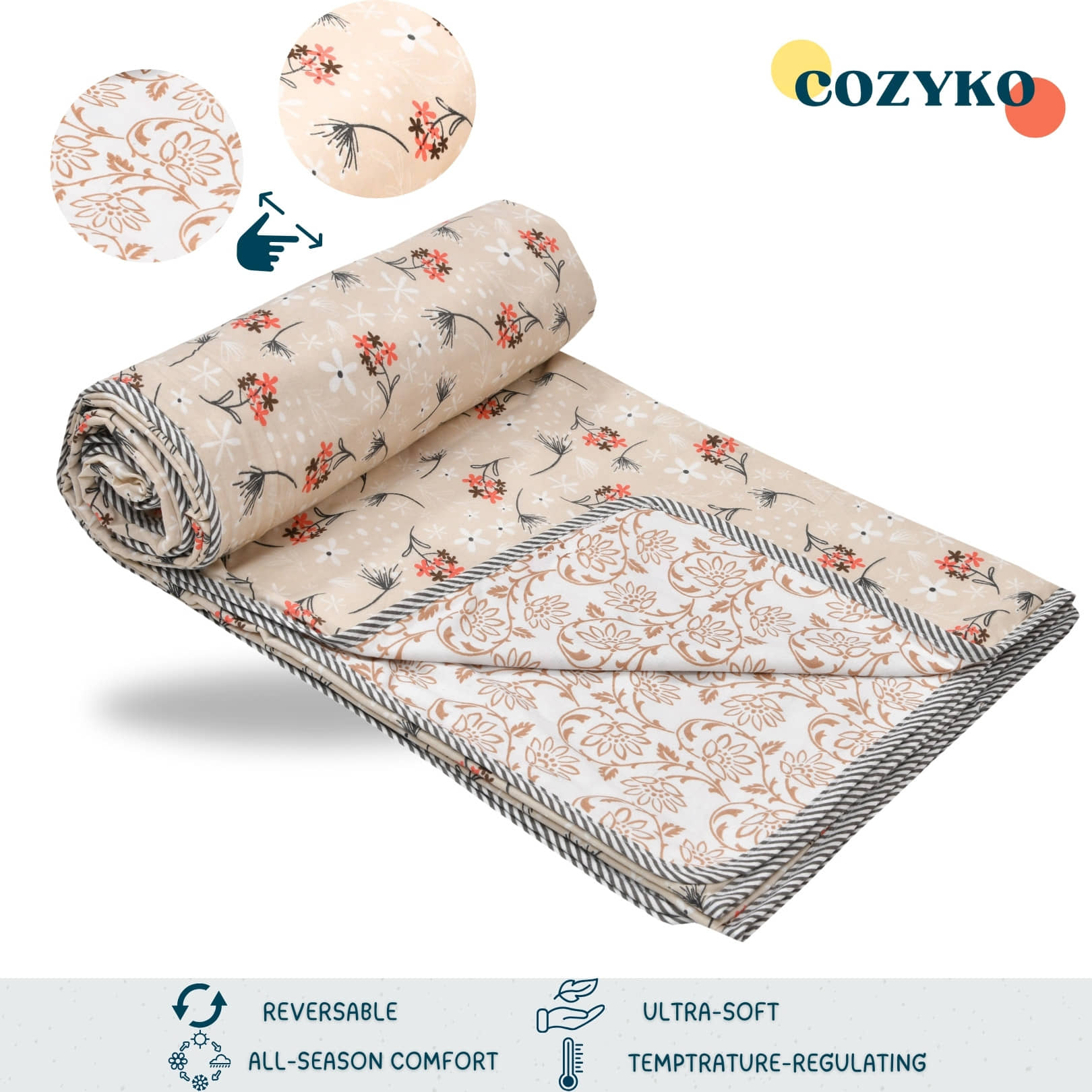 COZYKO Cotton Printed Double Bed Dohar - Beige ( )