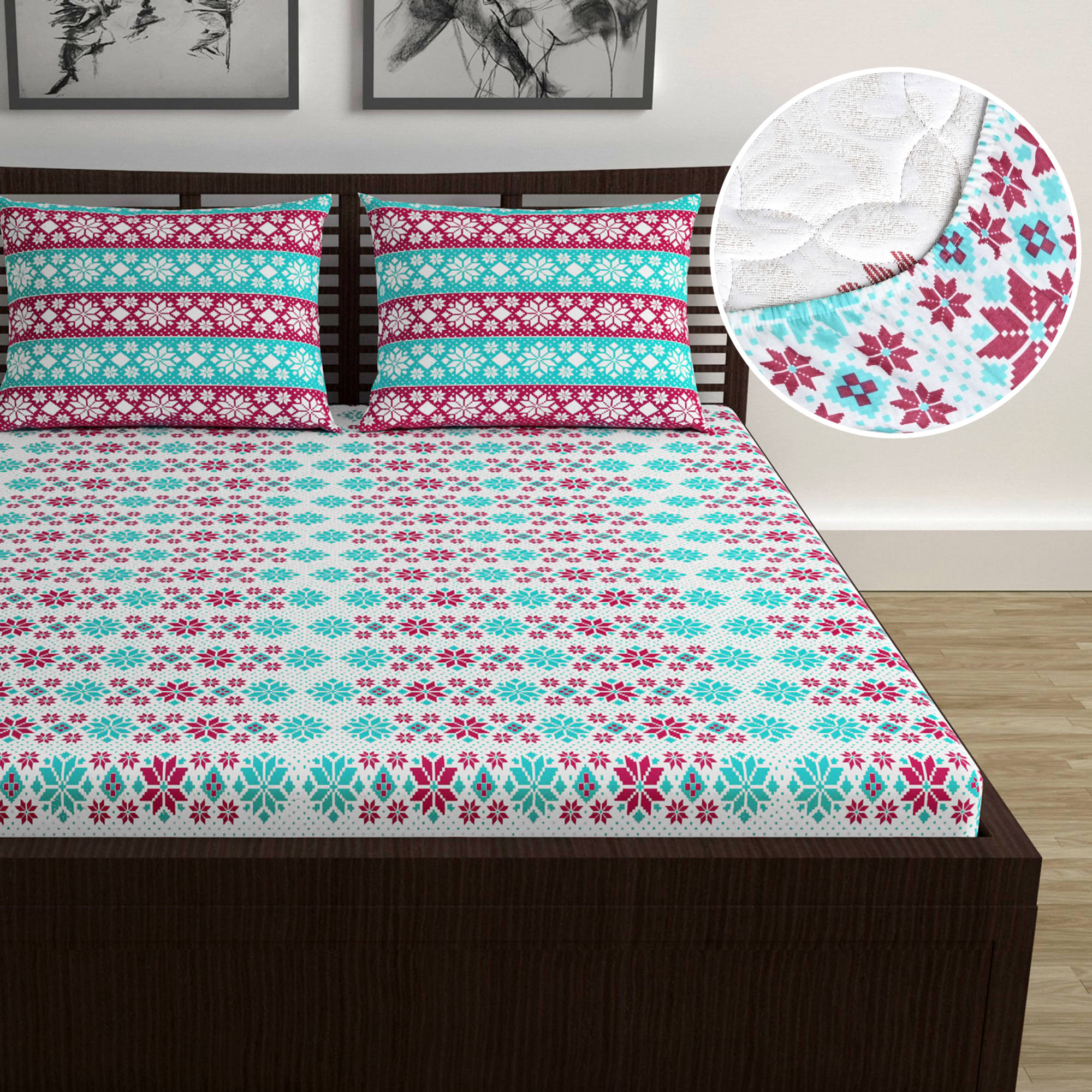 DIVINE CASA Poly Cotton Floral Fitted 1 Bedsheet with 2 Pillow Covers ( Double Bed ) - Pink DIVINE CASA Poly Cotton Floral Fitted 1 Bedsheet with 2 Pillow Covers ( Double Bed ) - Pink