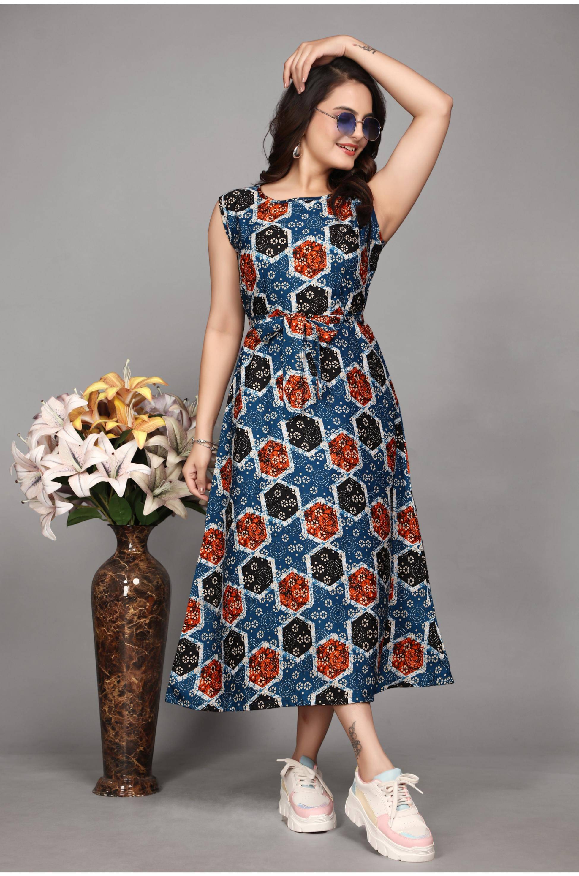     			Devakii Women Crepe Printed Fit & Flare Dress ( Red )