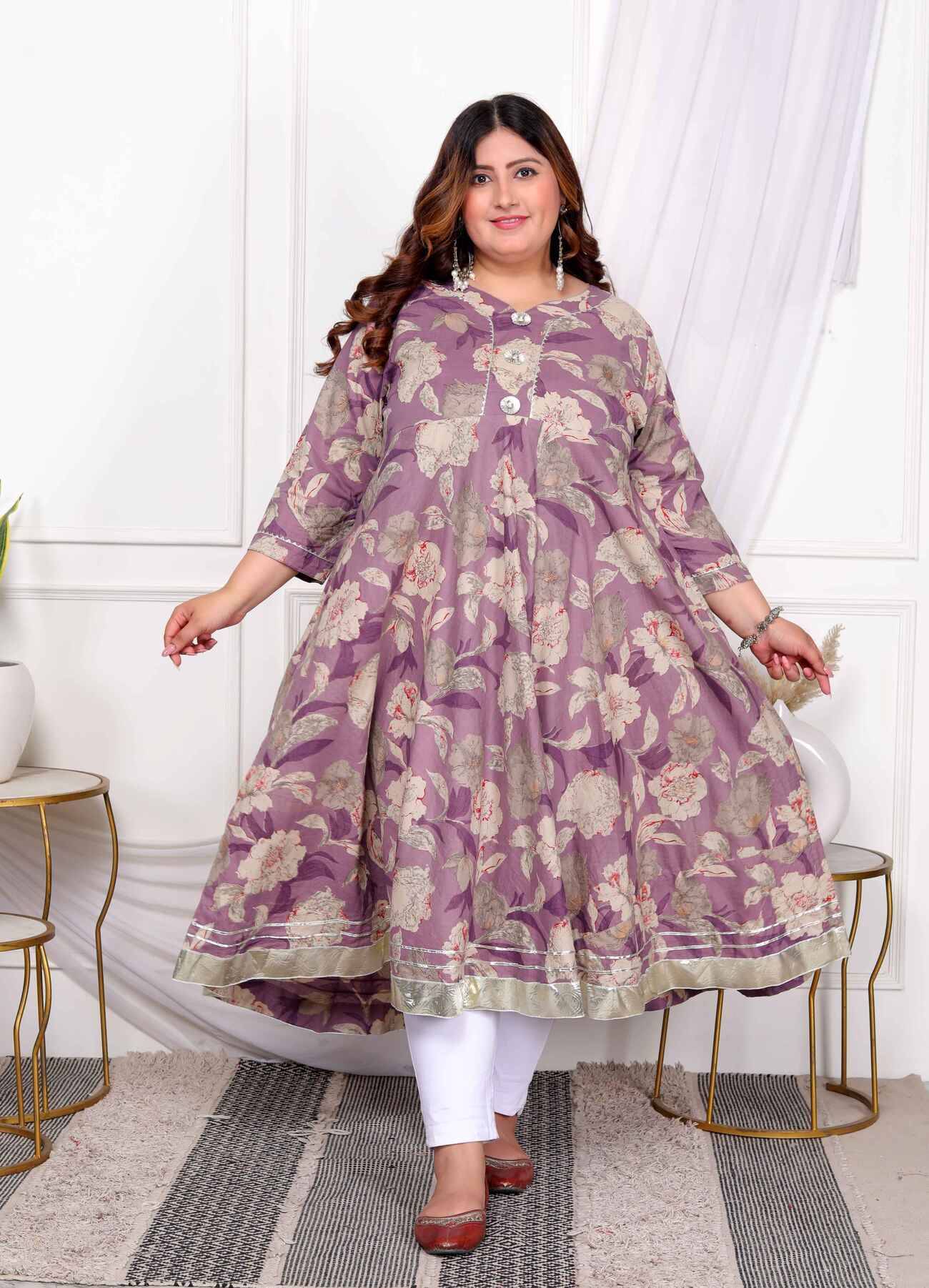     			Doriyaan Pack of 1 Cotton Printed Anarkali Women's Kurti - ( Purple )