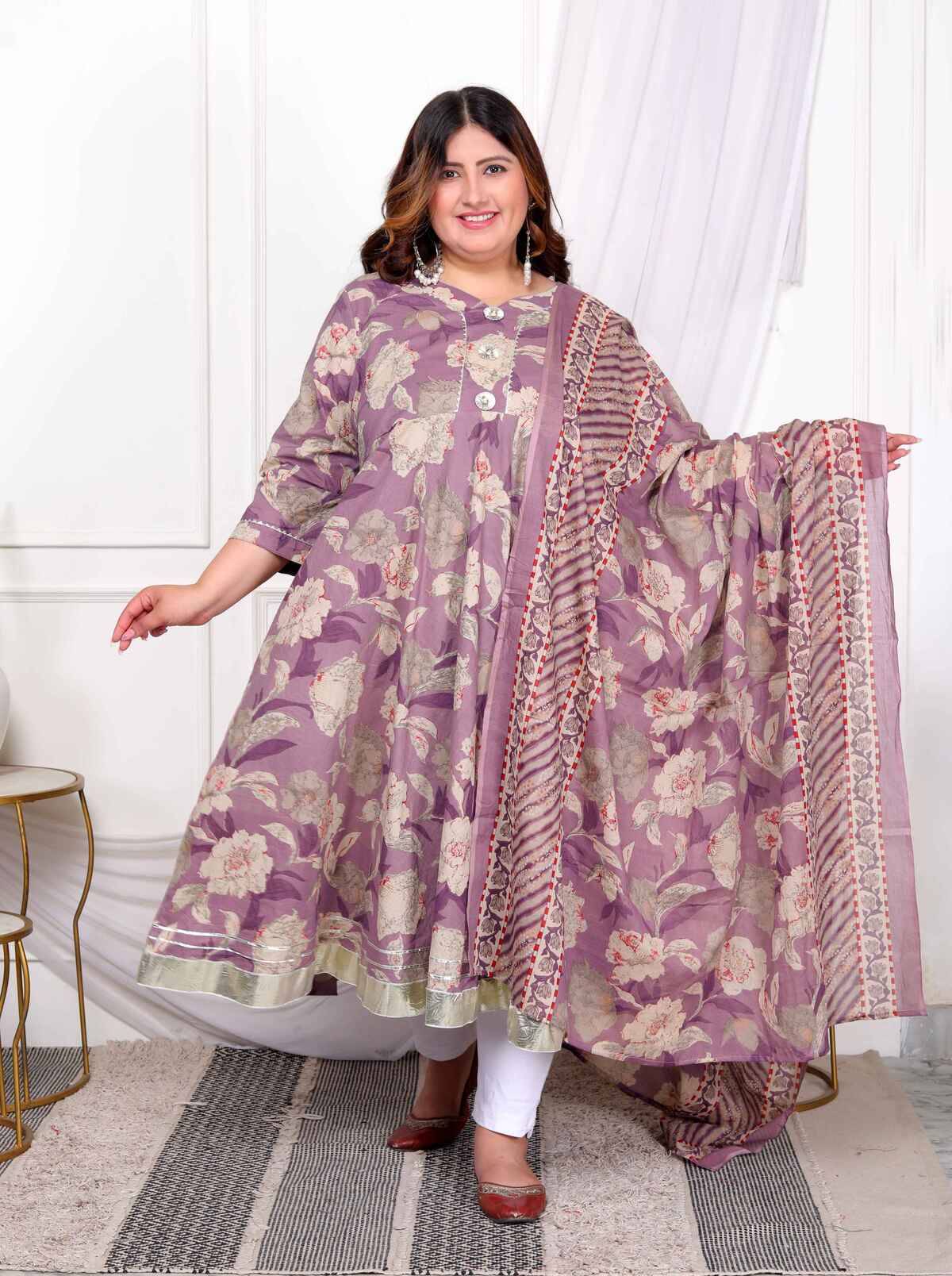 Doriyaan Pack of 1 Cotton Printed Anarkali Women's Kurti - ( Purple ) Doriyaan Pack of 1 Cotton Printed Anarkali Women's Kurti - ( Purple )
