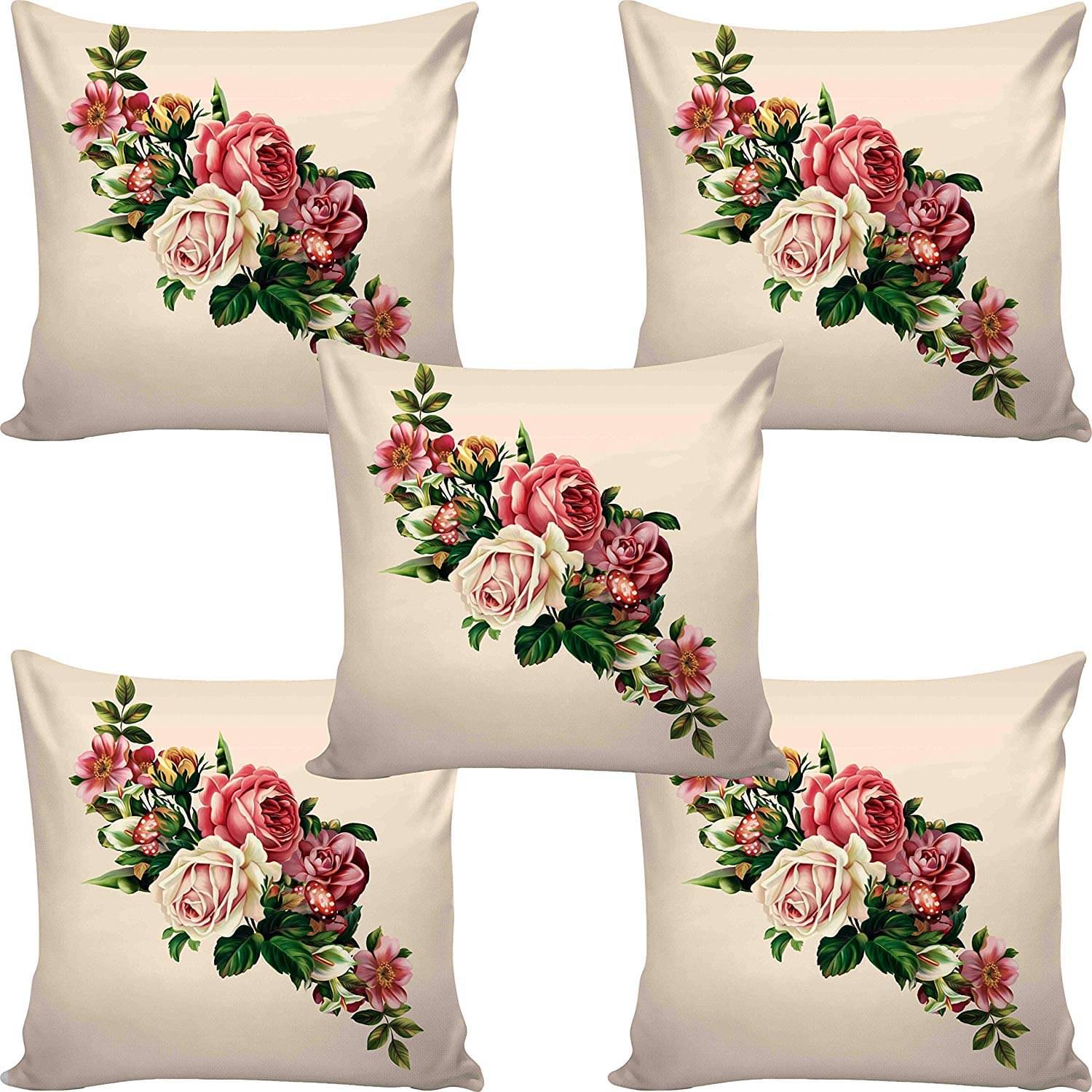     			Exopick Set of 5 Jute Floral Square Cushion Cover (40X40)cm - Multicolor