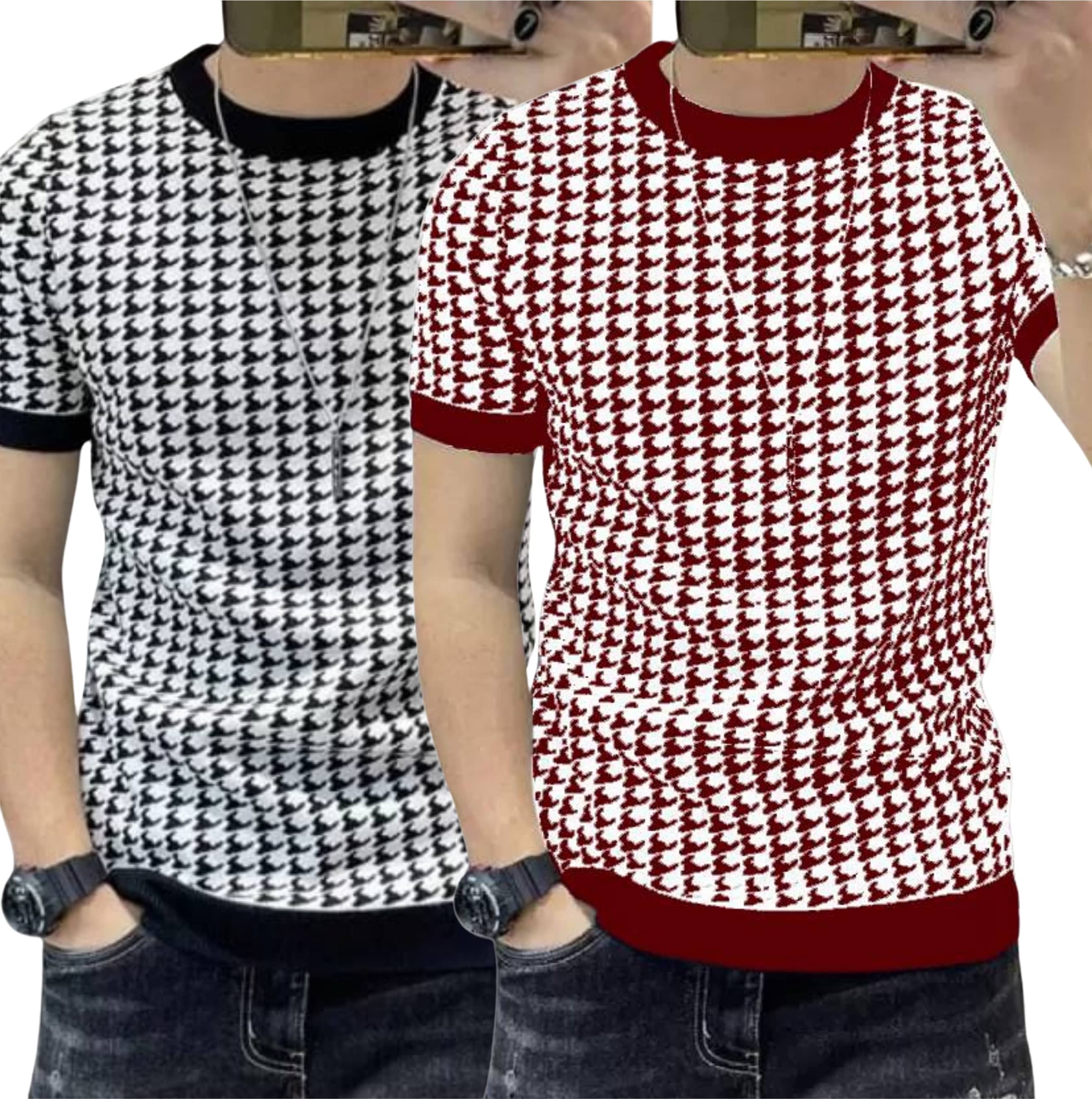 FABRIPPLE Polyester Regular Fit Self Design Half Sleeves Men's Round T-Shirt - Multicolor ( Pack of 1 )