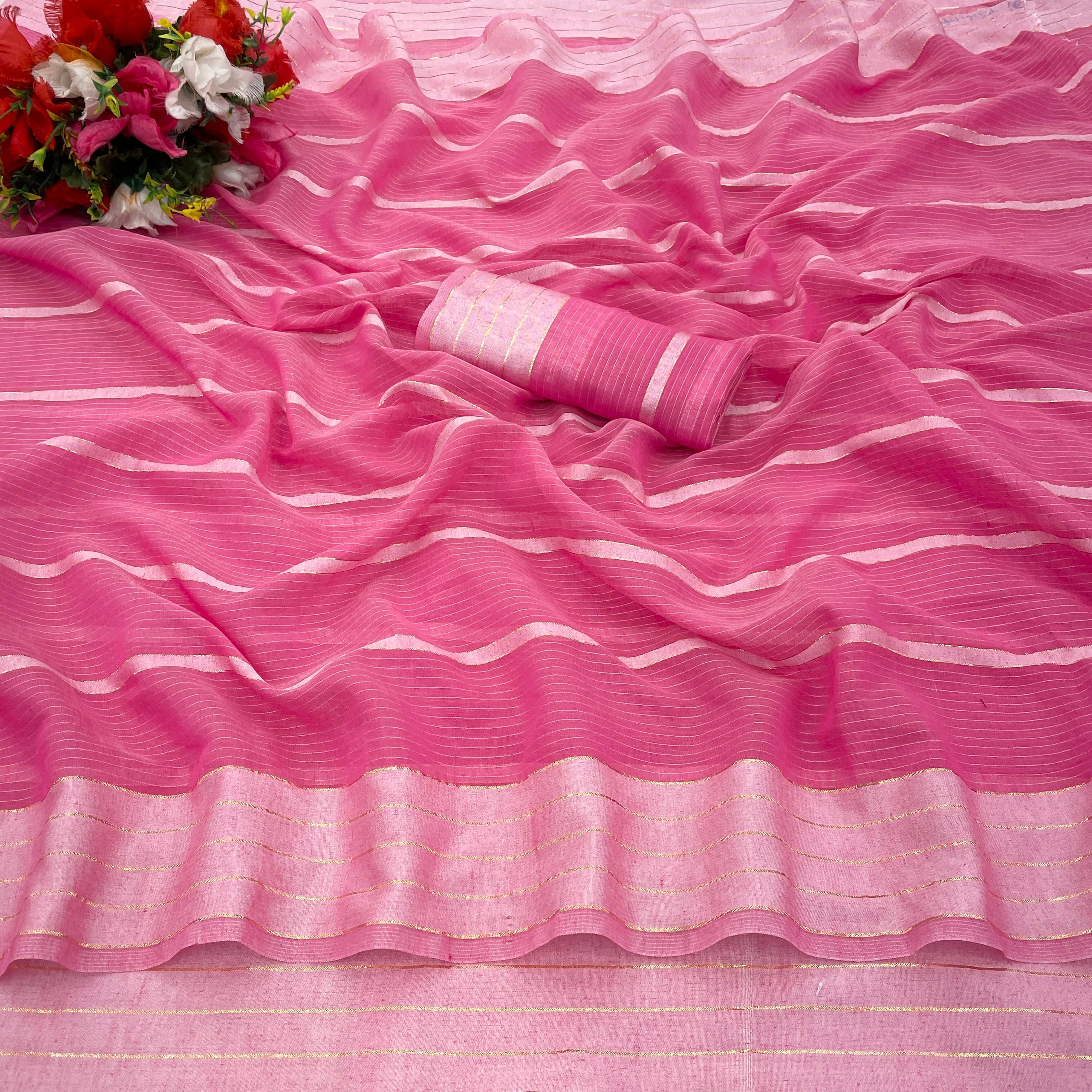 Gullak Cotton Blend Striped Saree With Unstitched Blouse Piece ( Pink ) - Sarees | Buy online on ZillyBuy