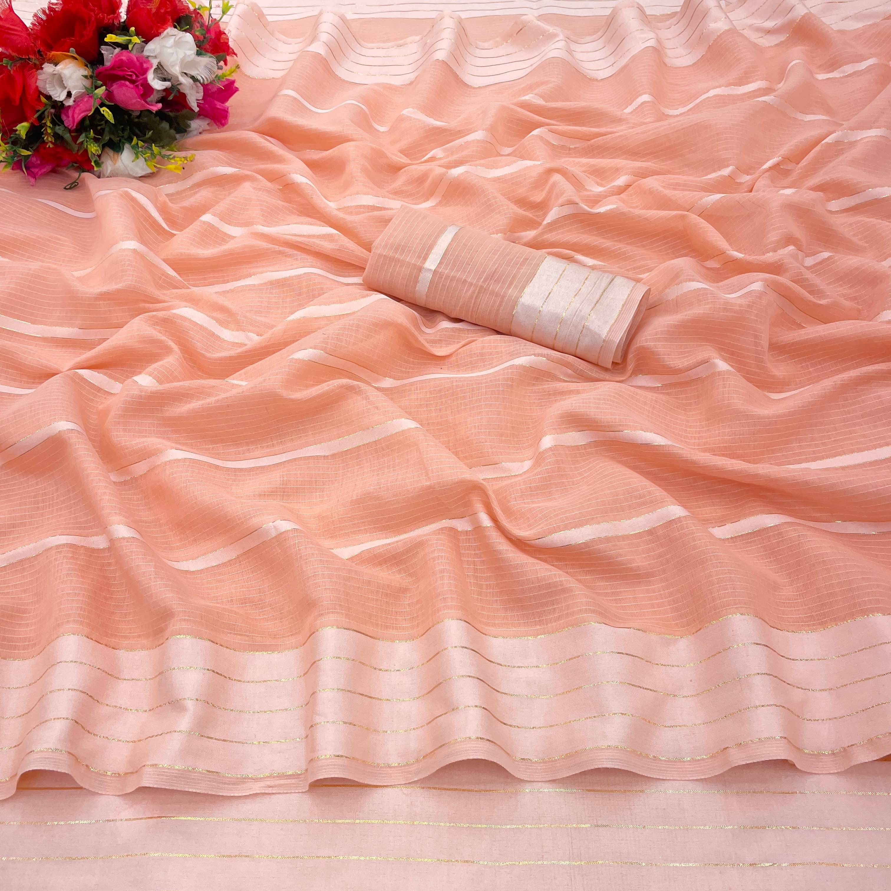 Gullak Cotton Blend Woven Saree With Unstitched Blouse Piece ( Peach ) - Sarees | Buy online on ZillyBuy