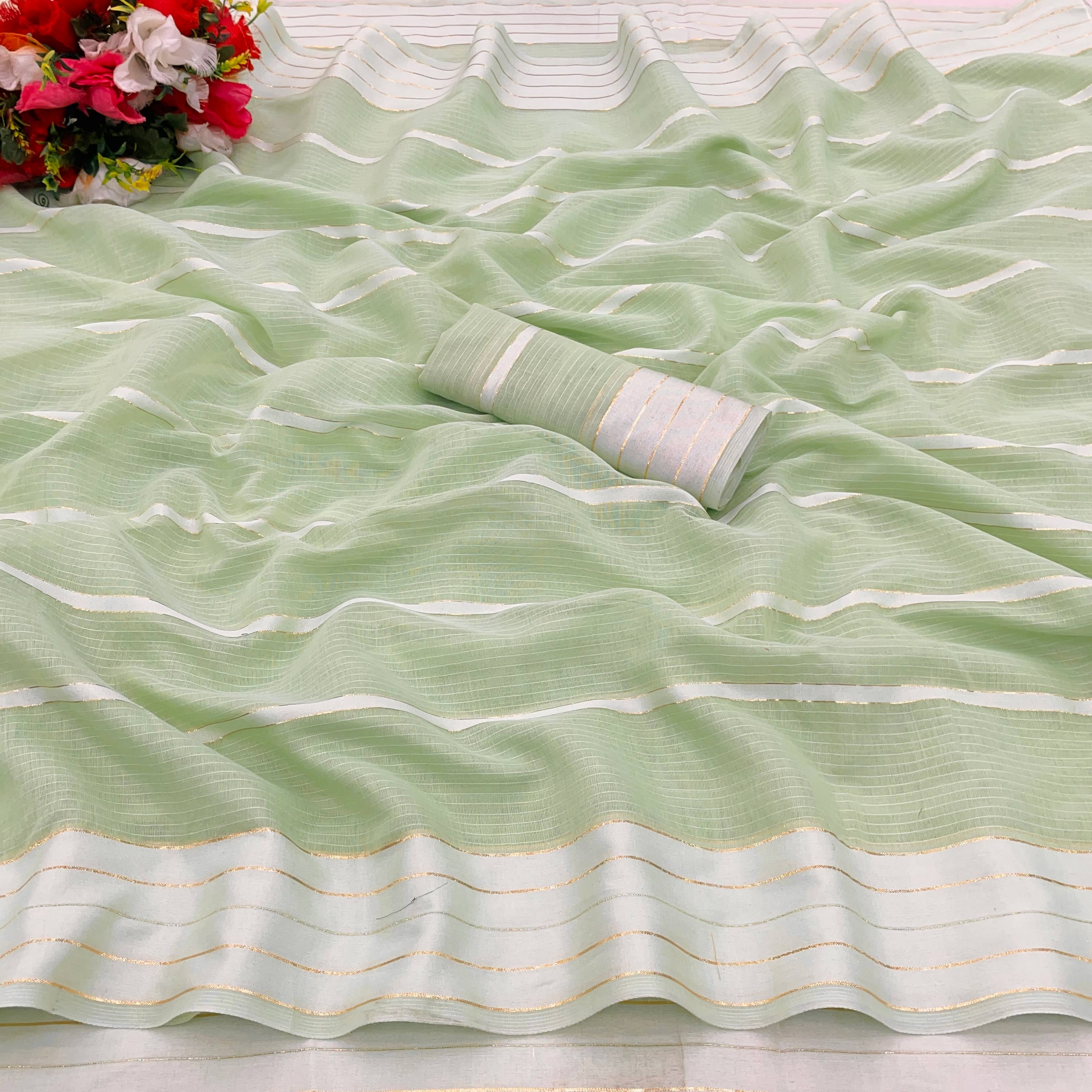 Gullak Cotton Blend Printed Saree With Unstitched Blouse Piece ( Green )