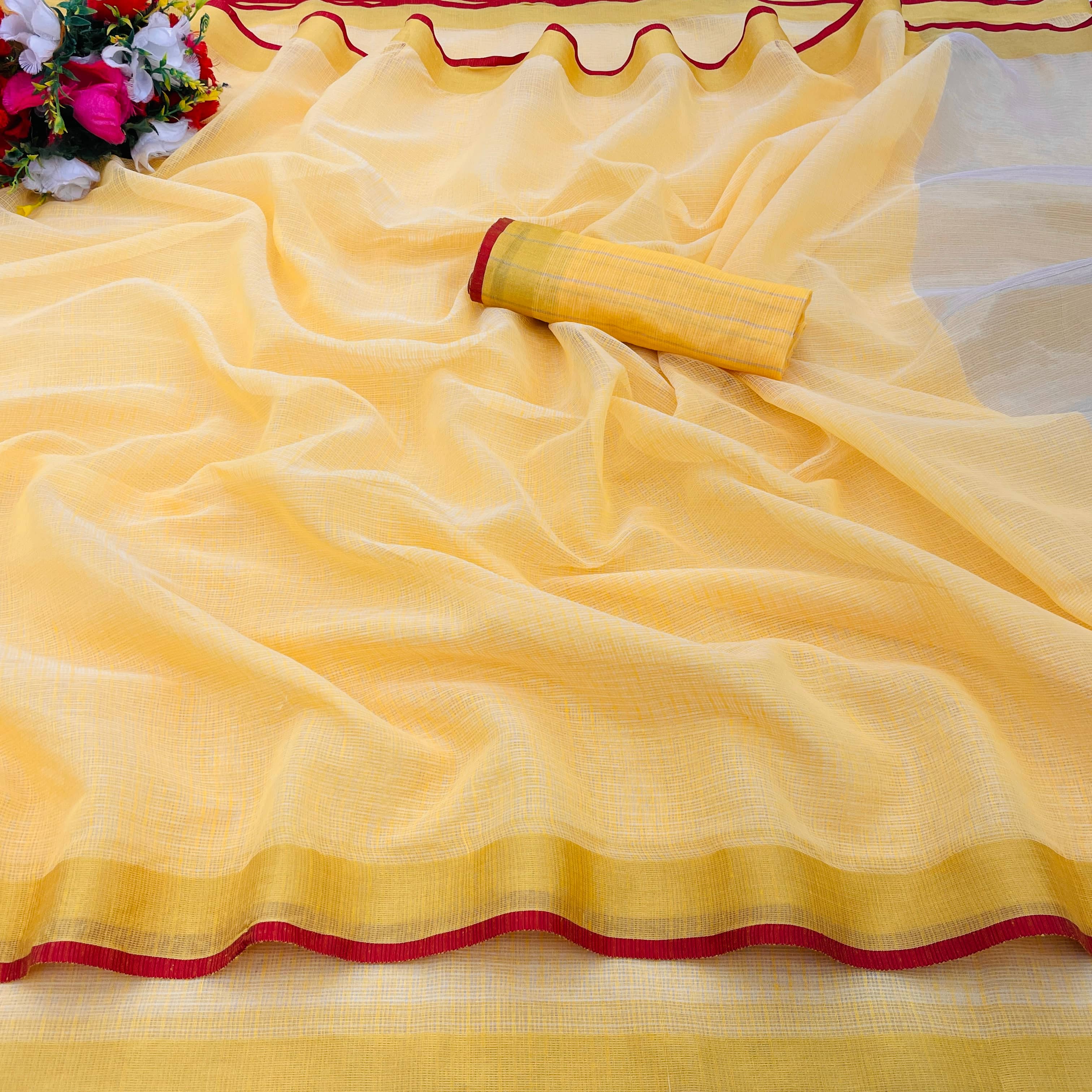 Gullak Cotton Checks Saree With Unstitched Blouse Piece ( Yellow ) - Sarees | Buy online on ZillyBuy