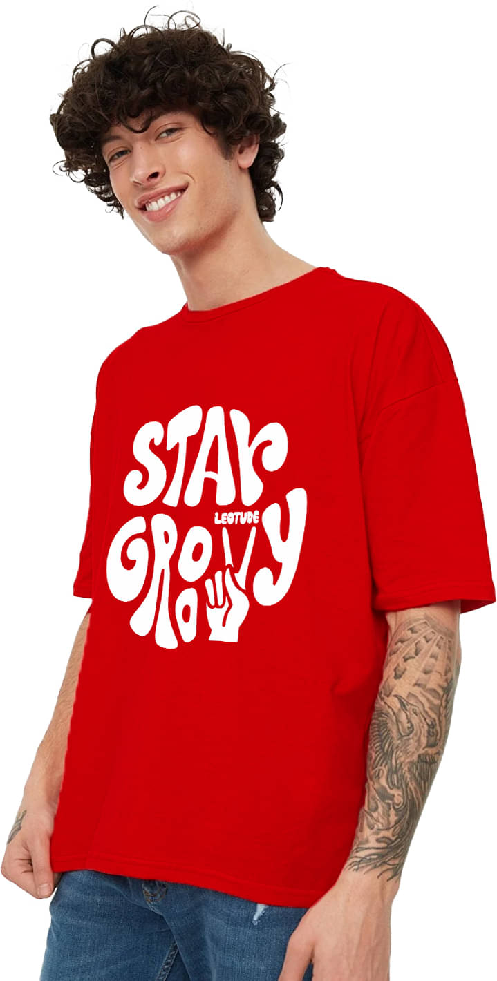 Leotude Cotton Blend Oversized Fit Printed Half Sleeves Men's Round T-Shirt - Red ( Pack of 1 ) Leotude Cotton Blend Oversized Fit Printed Half Sleeves Men's Round T-Shirt - Red ( Pack of 1 )