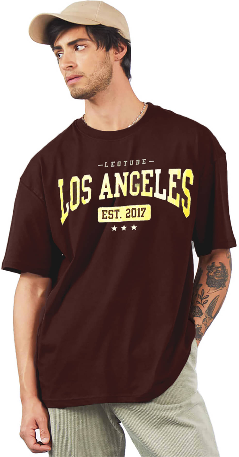    			Leotude Cotton Blend Oversized Fit Printed Half Sleeves Men's Round T-Shirt - Brown ( Pack of 1 )
