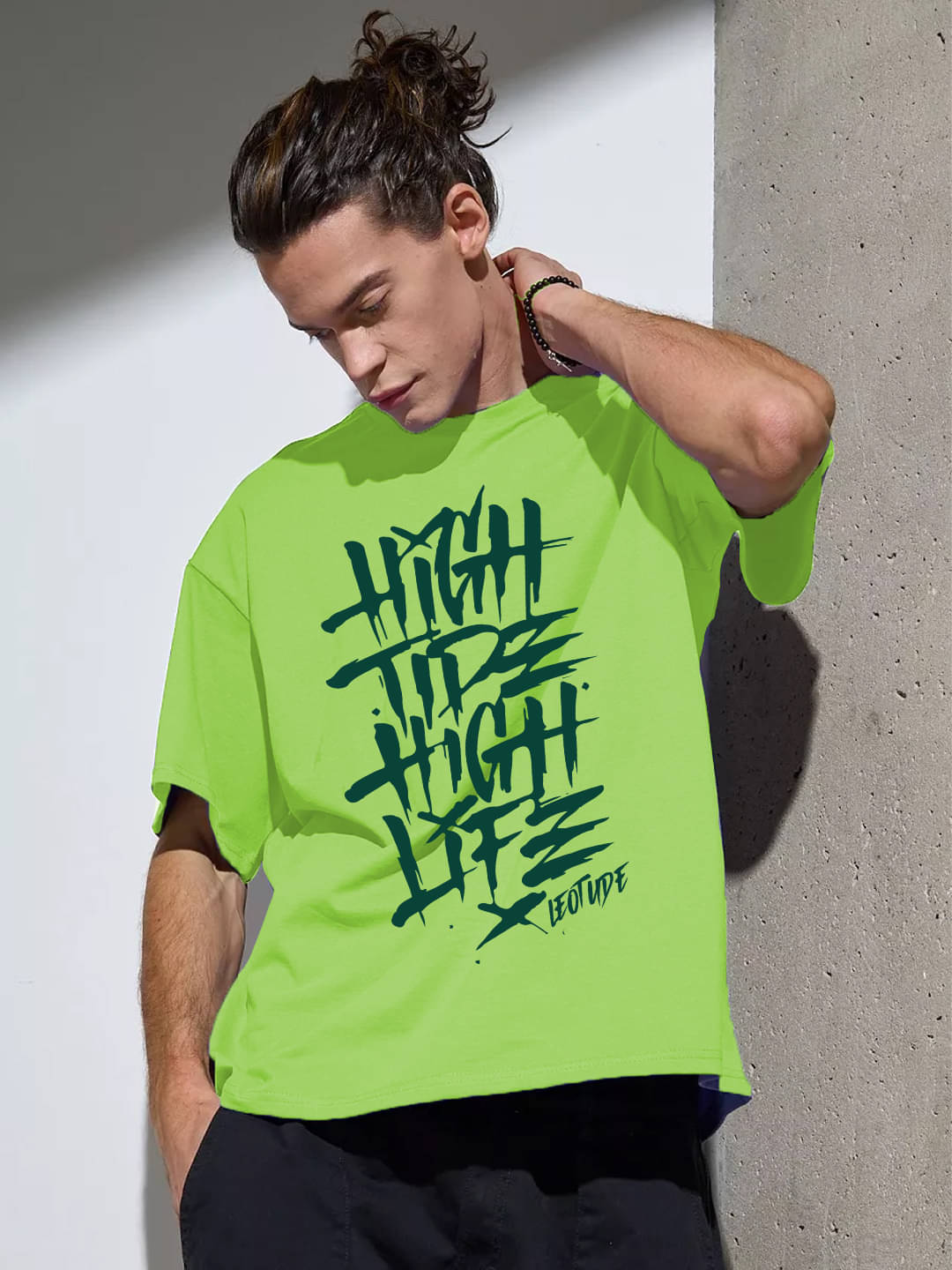     			Leotude Cotton Blend Oversized Fit Printed Half Sleeves Men's Round T-Shirt - Green ( Pack of 1 )