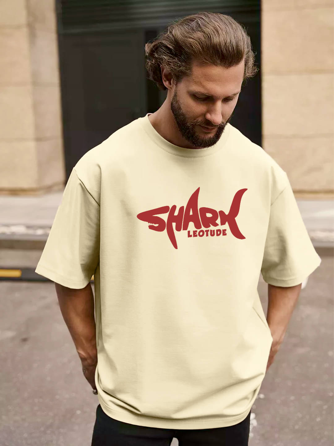     			Leotude Cotton Blend Oversized Fit Printed Half Sleeves Men's Round T-Shirt - Beige ( Pack of 1 )