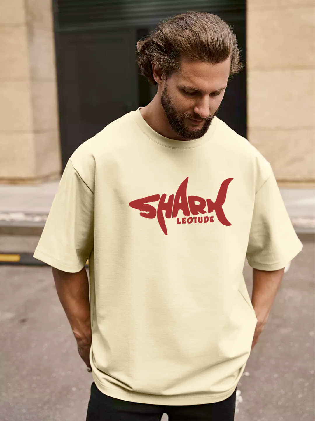 Leotude Cotton Blend Oversized Fit Printed Half Sleeves Men's Round T-Shirt - Beige ( Pack of 1 )