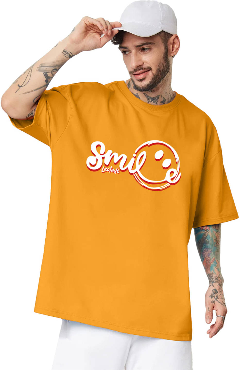     			Leotude Cotton Blend Oversized Fit Printed Half Sleeves Men's Round T-Shirt - Yellow ( Pack of 1 )