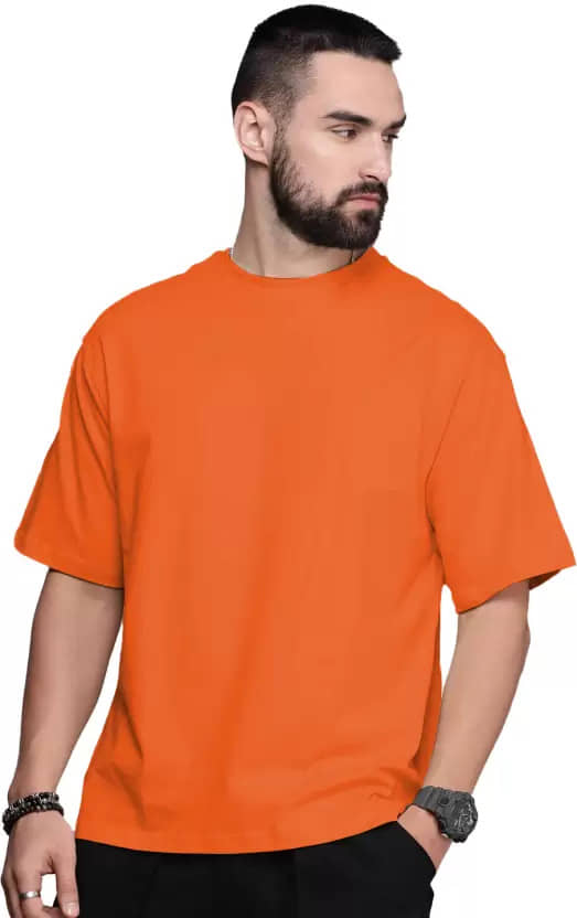 Leotude Cotton Blend Oversized Fit Solid Half Sleeves Men's Round T-Shirt - Orange ( Pack of 1 )