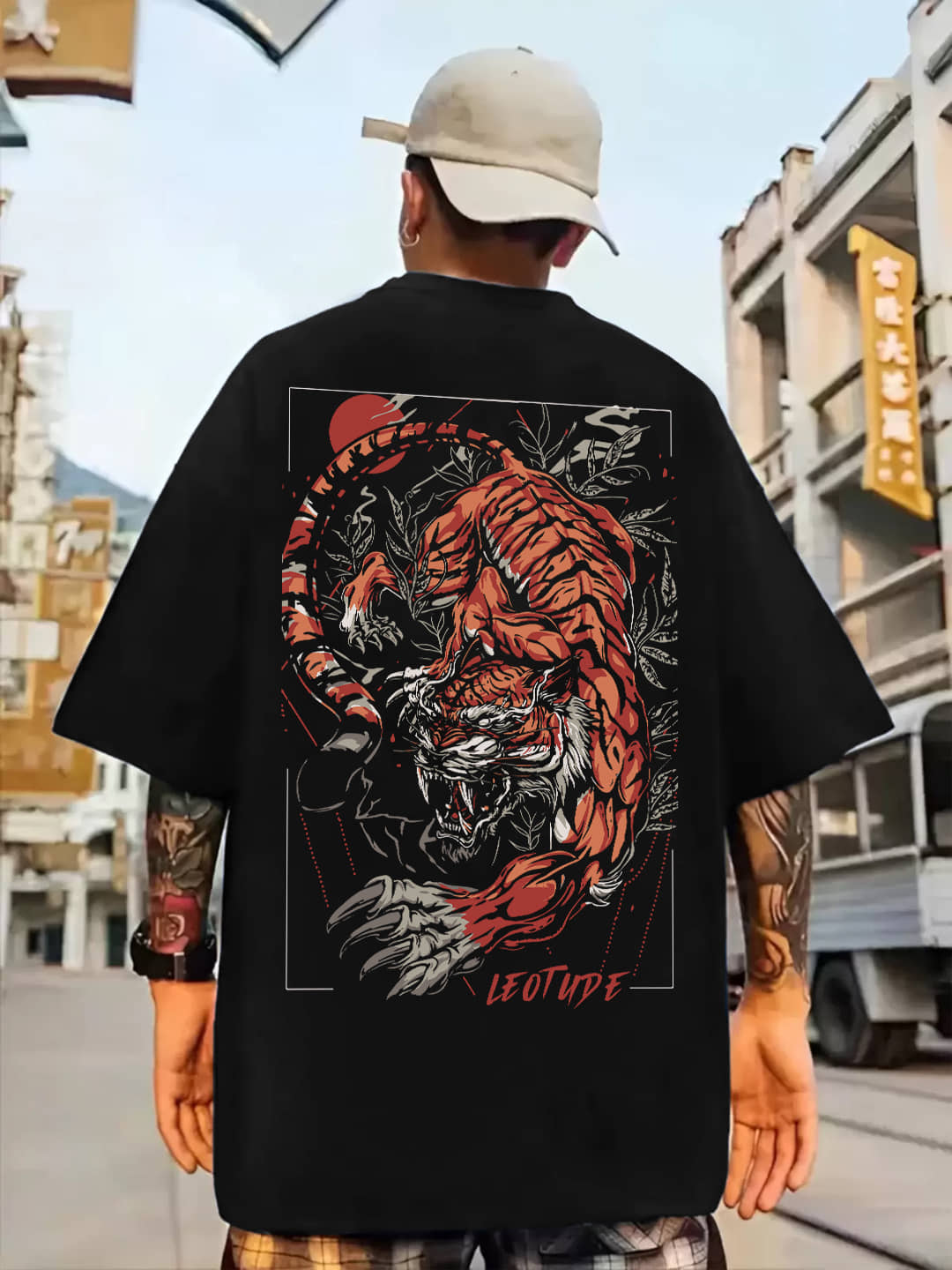 Leotude Cotton Blend Oversized Fit Printed Half Sleeves Men's Round T-Shirt - Black ( Pack of 1 )
