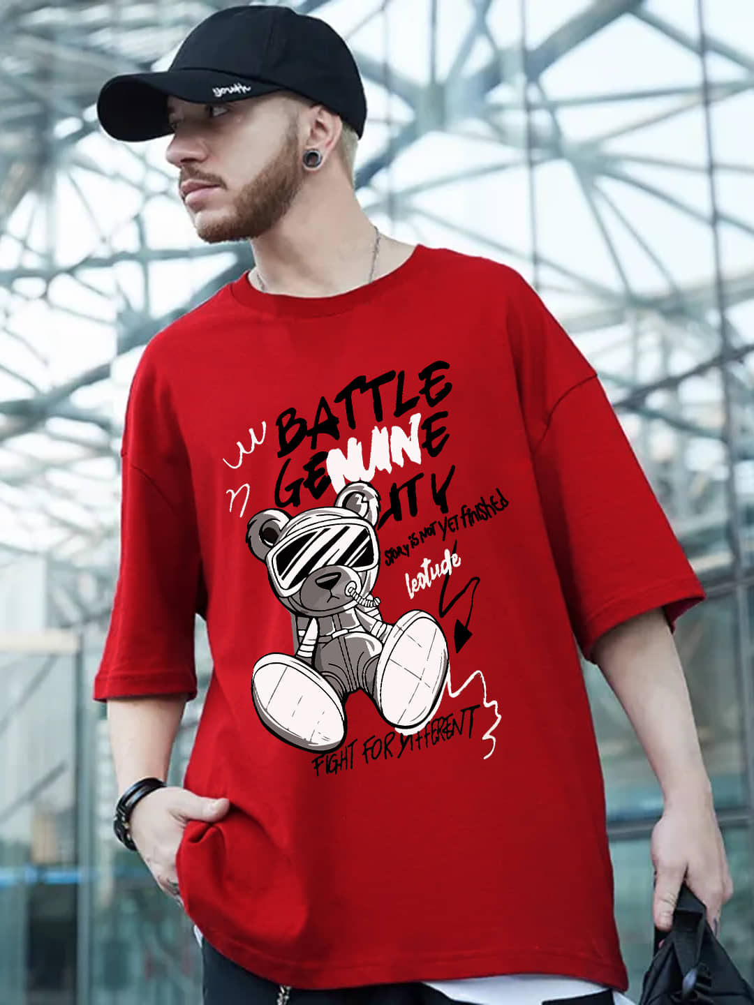 Leotude Cotton Blend Oversized Fit Printed Half Sleeves Men's Round T-Shirt - Red ( Pack of 1 )