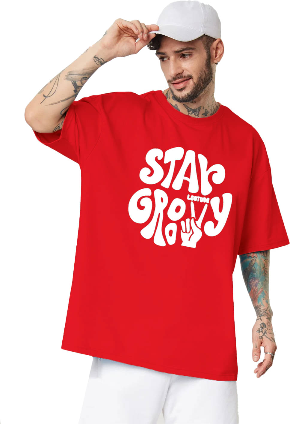    			Leotude Cotton Blend Oversized Fit Printed Half Sleeves Men's Round T-Shirt - Red ( Pack of 1 )