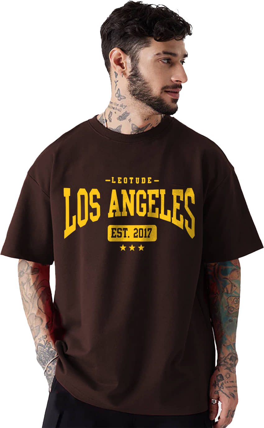 Leotude Cotton Blend Oversized Fit Printed Half Sleeves Men's Round T-Shirt - Brown ( Pack of 1 )