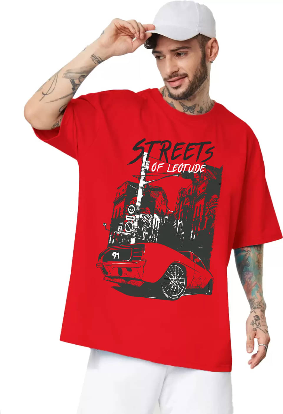 Leotude Cotton Blend Oversized Fit Printed Half Sleeves Men's Round T-Shirt - Red ( Pack of 1 ) Leotude Cotton Blend Oversized Fit Printed Half Sleeves Men's Round T-Shirt - Red ( Pack of 1 )