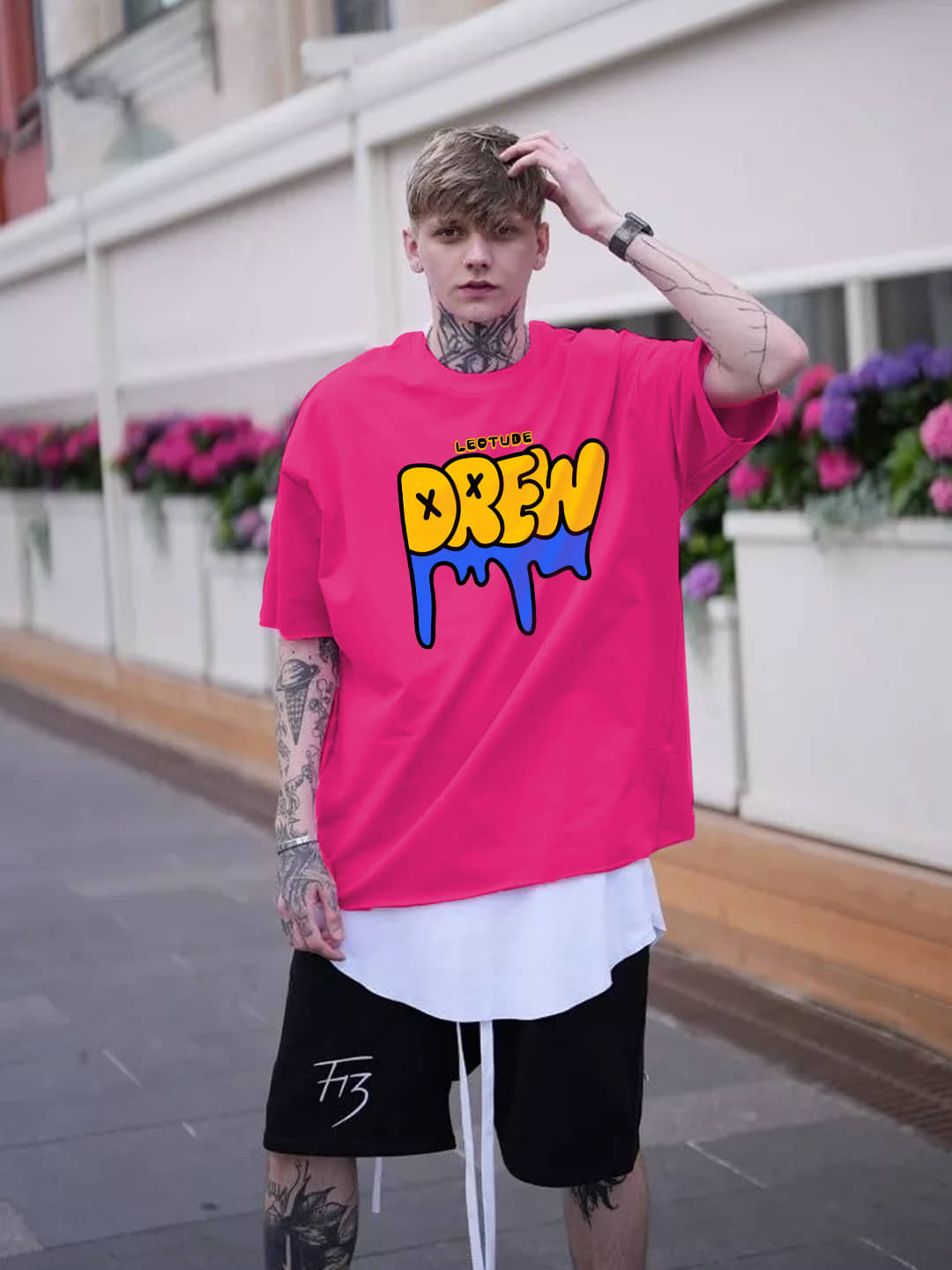 Leotude Men Cotton Blend Oversized Fit Printed T-Shirt ( Pink )