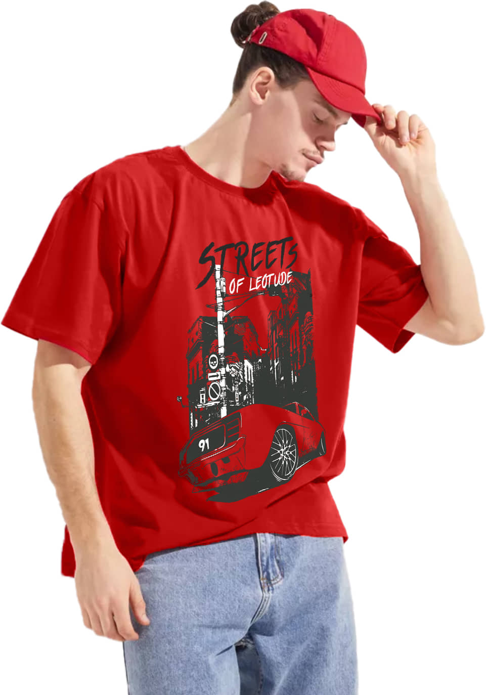 Leotude Cotton Blend Oversized Fit Printed Half Sleeves Men's Round T-Shirt - Red ( Pack of 1 )