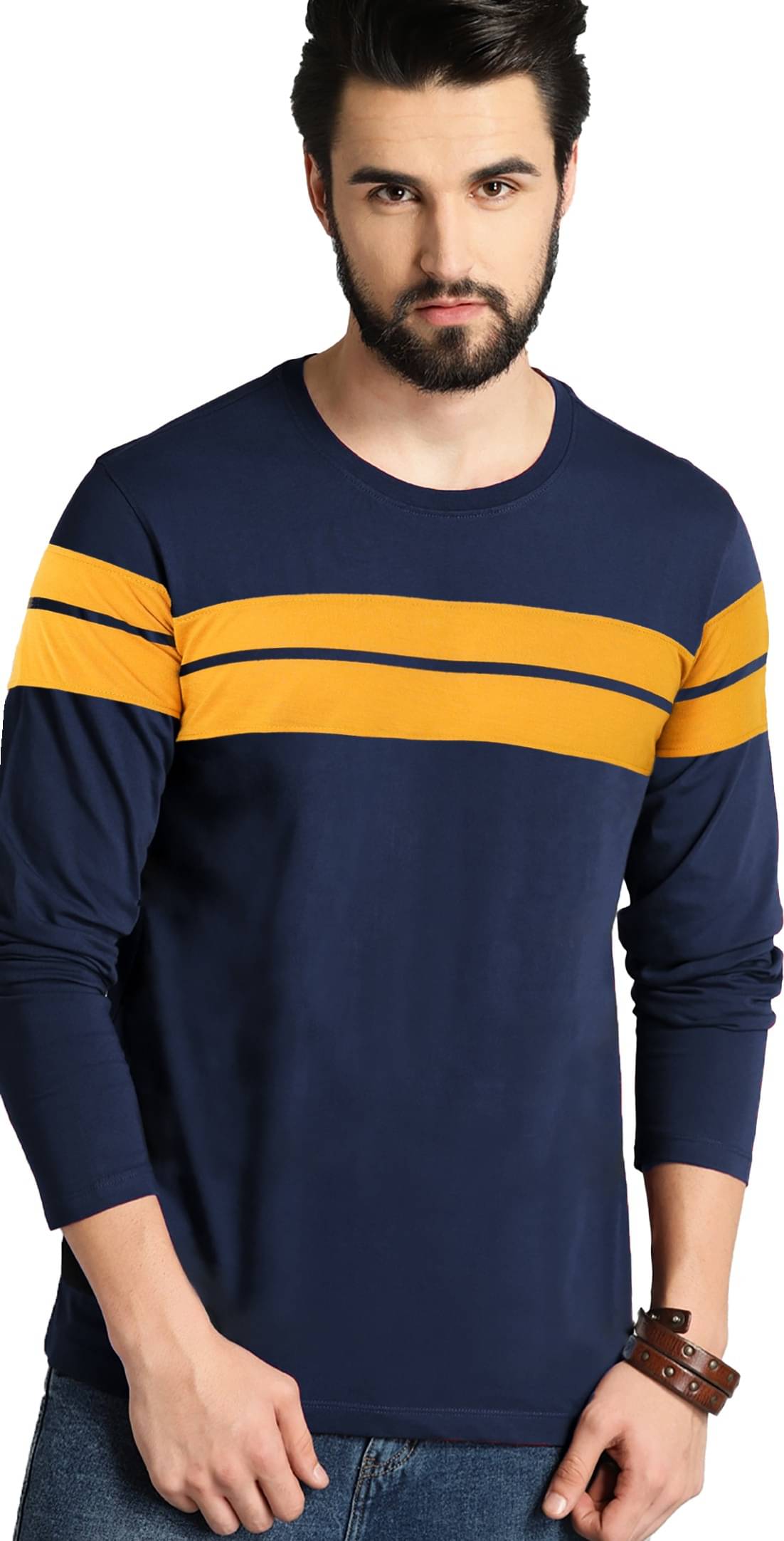     			Leotude Cotton Blend Regular Fit Striped Full Sleeves Men's Round T-Shirt - Blue ( Pack of 1 )