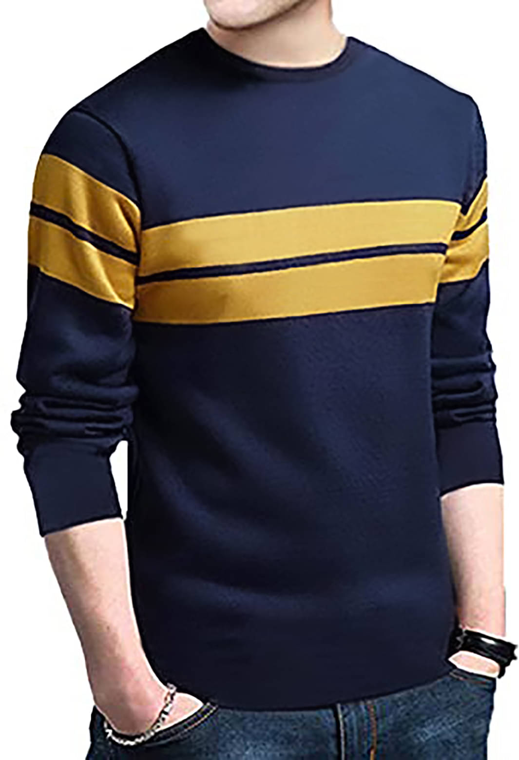     			Leotude Cotton Blend Regular Fit Striped Full Sleeves Men's Round T-Shirt - Blue ( Pack of 1 )