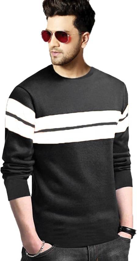 Leotude Cotton Blend Regular Fit Striped Full Sleeves Men's Round T-Shirt - Black ( Pack of 1 ) Leotude Cotton Blend Regular Fit Striped Full Sleeves Men's Round T-Shirt - Black ( Pack of 1 )