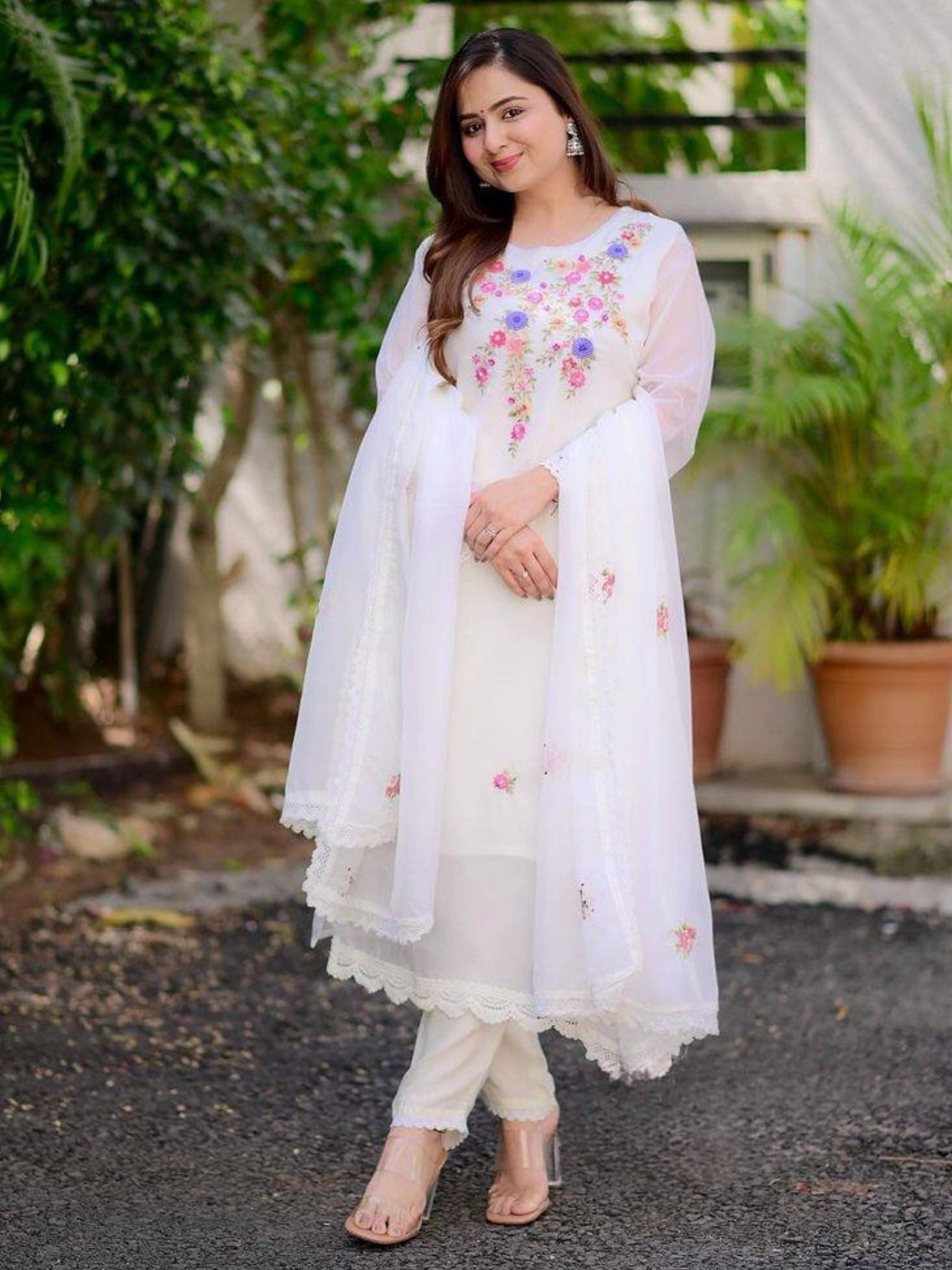     			Niza Fashion Georgette Embroidered Kurti With Pants Women's Stitched Salwar Suit - White ( Pack of 1 )