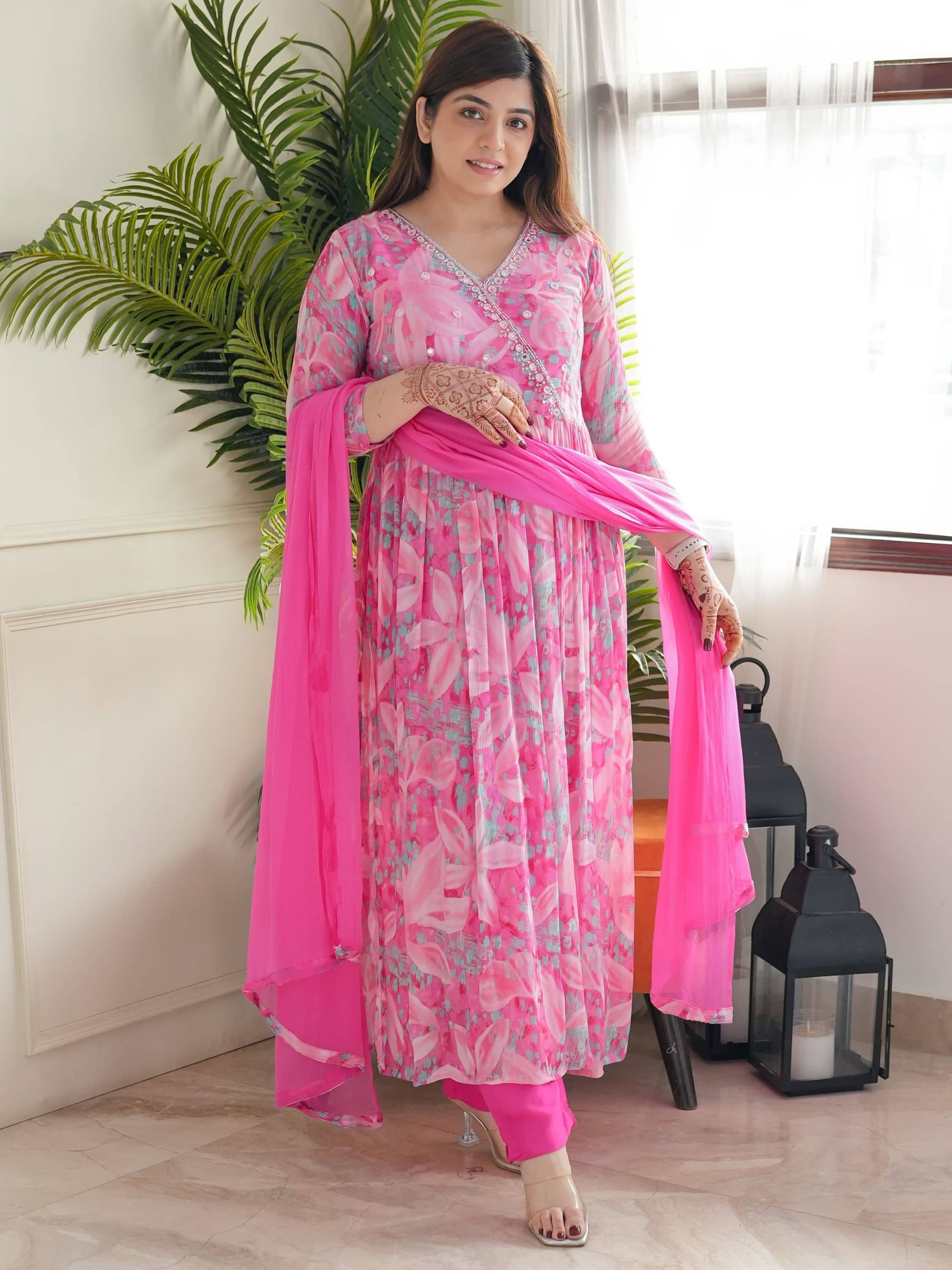 Niza Fashion Viscose Embroidered Kurti With Pants Women's Stitched Salwar Suit - Pink ( Pack of 1 )