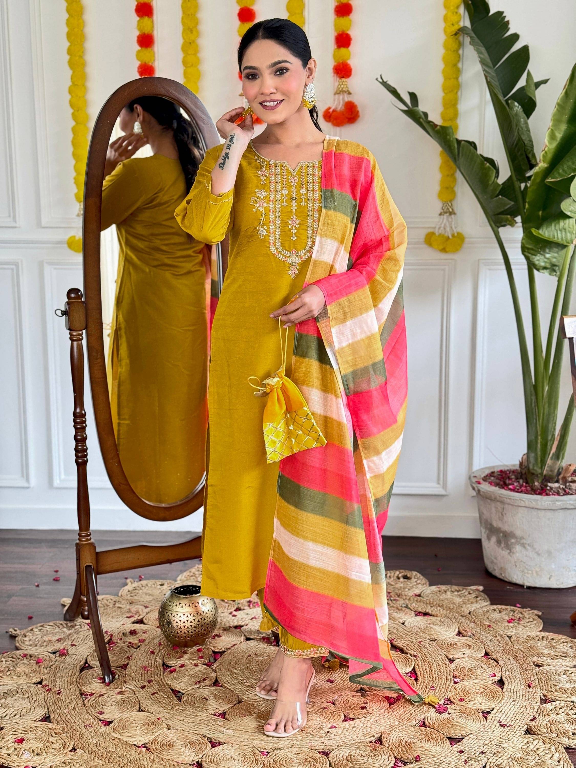 Niza Fashion Viscose Embroidered Kurti With Pants Women's Stitched Salwar Suit - Mustard ( Pack of 1 ) Niza Fashion Viscose Embroidered Kurti With Pants Women's Stitched Salwar Suit - Mustard ( Pack of 1 )
