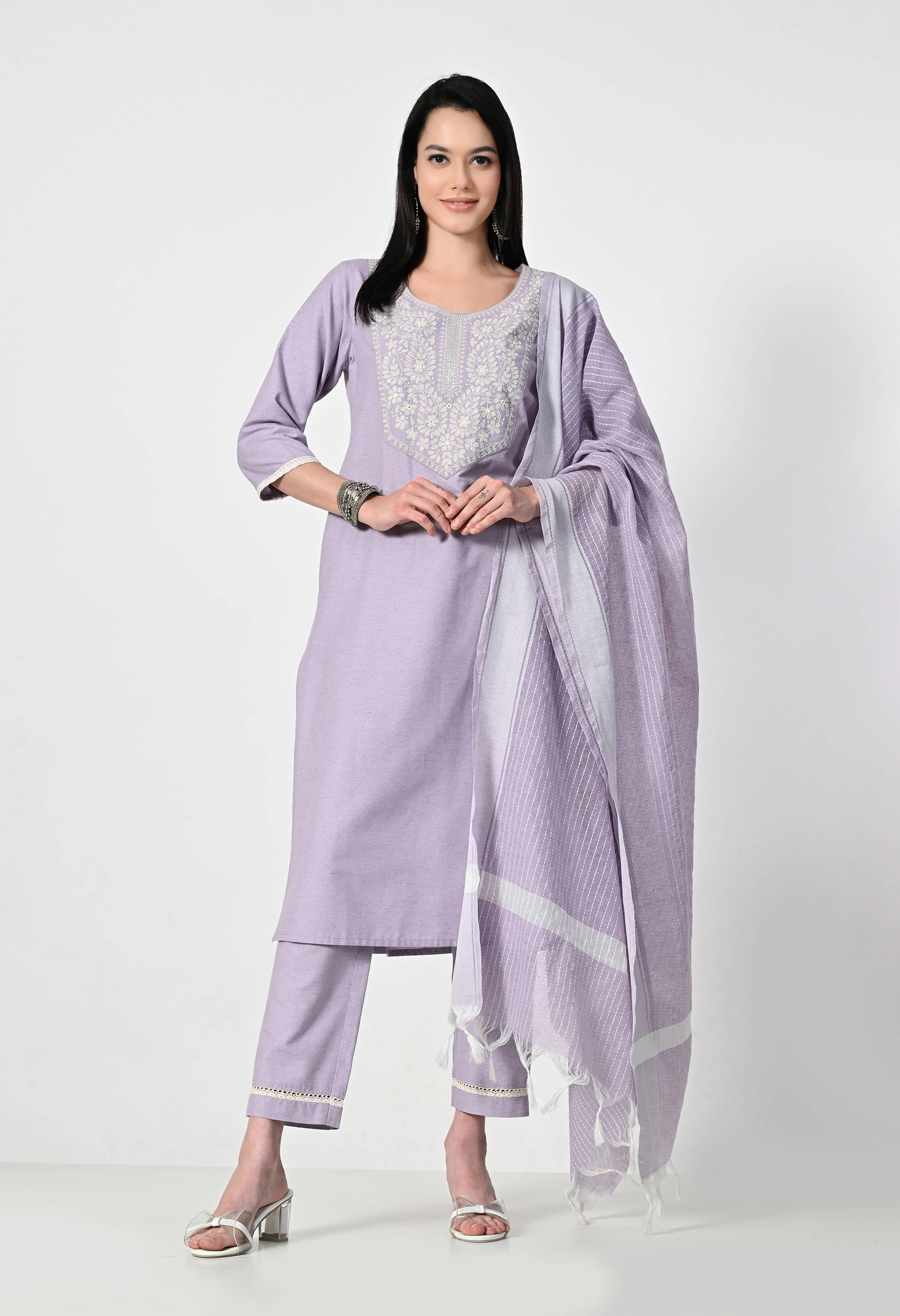     			OTIRA Cotton Blend Embroidered Kurti With Pants Women's Stitched Salwar Suit - Purple ( Pack of 1 )