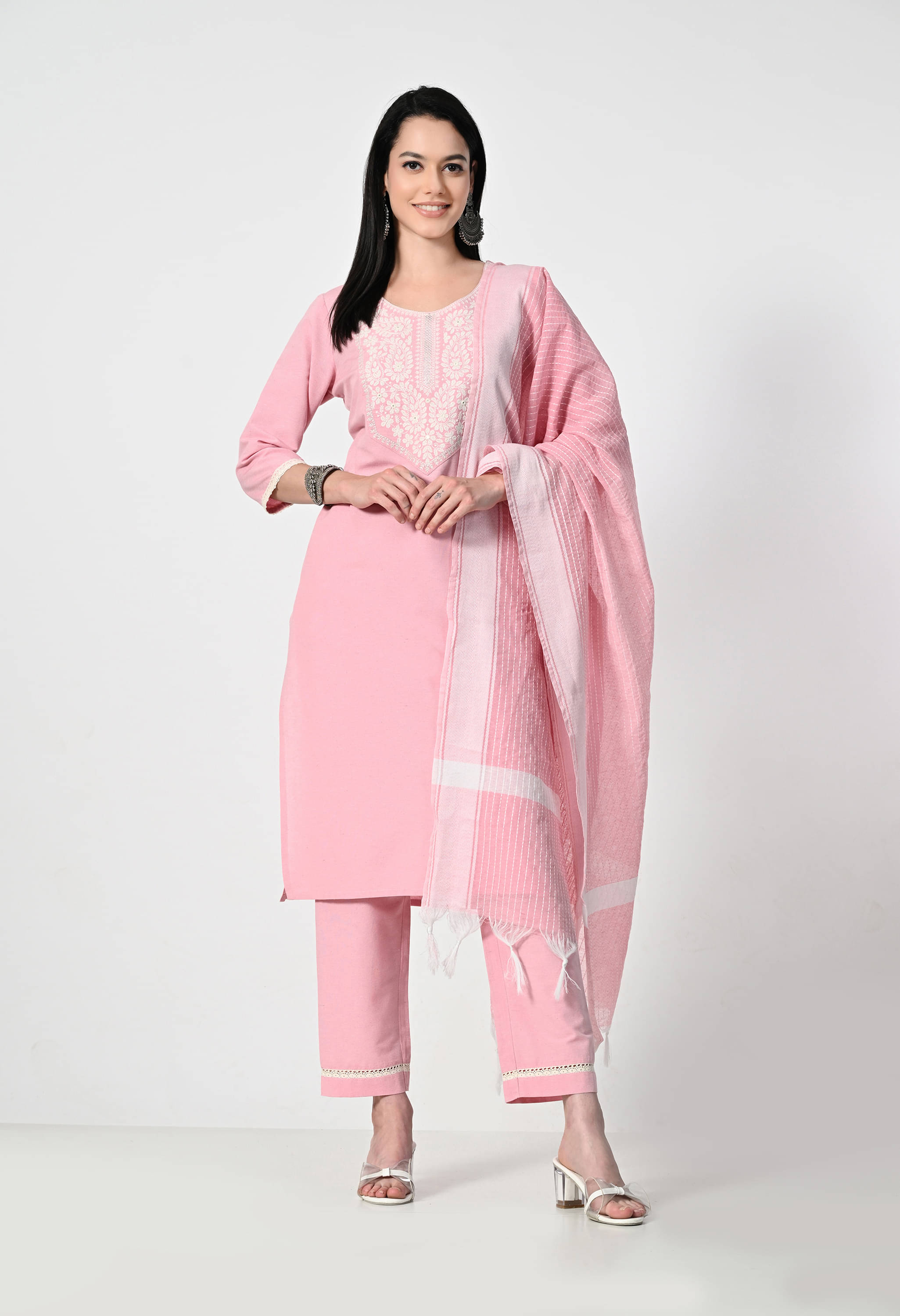     			OTIRA Cotton Blend Embroidered Kurti With Pants Women's Stitched Salwar Suit - Pink ( Pack of 1 )