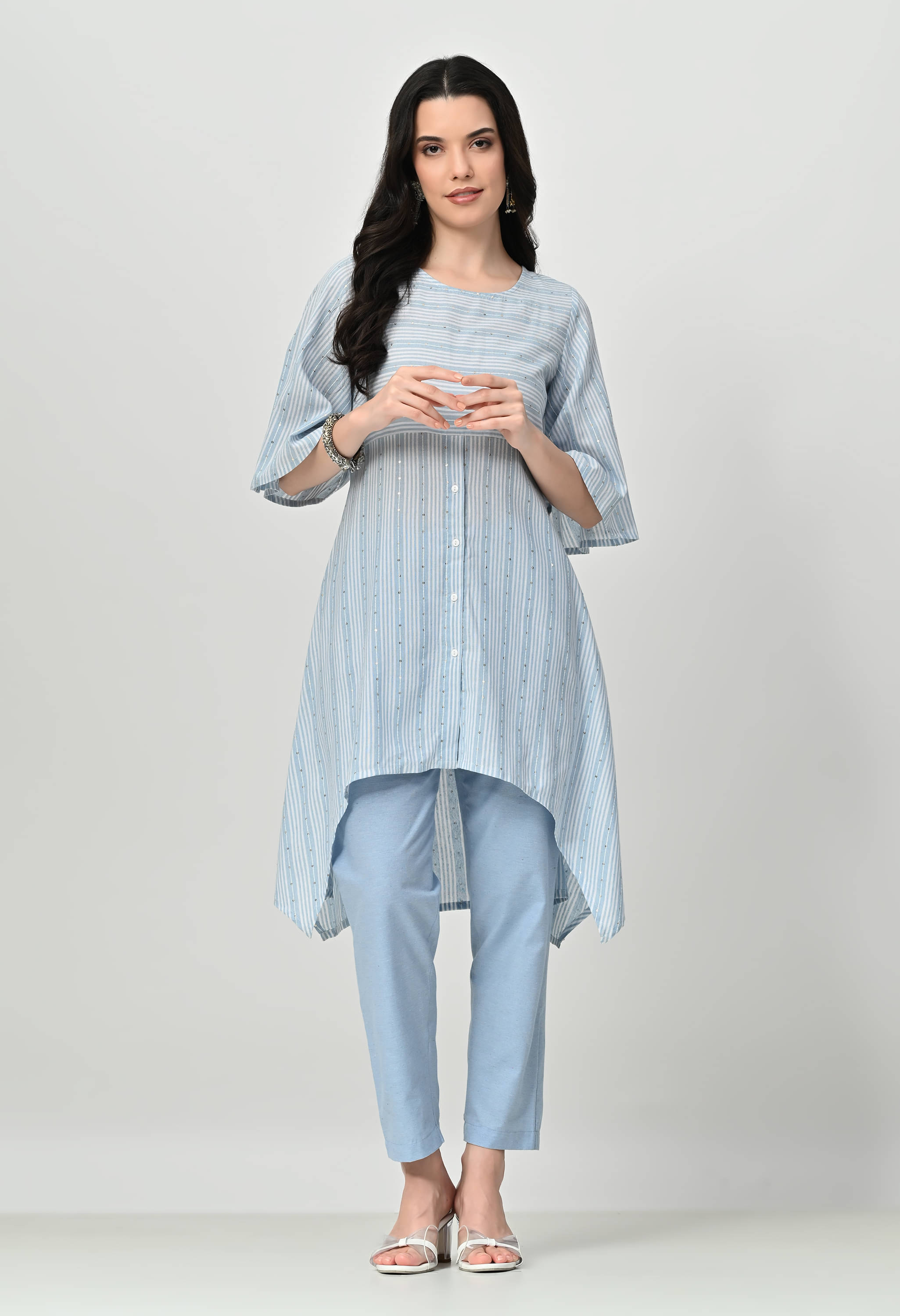 OTIRA Cotton Blend Striped Kurti With Pants Women's Stitched Salwar Suit - Light Blue ( Pack of 1 ) OTIRA Cotton Blend Striped Kurti With Pants Women's Stitched Salwar Suit - Light Blue ( Pack of 1 )