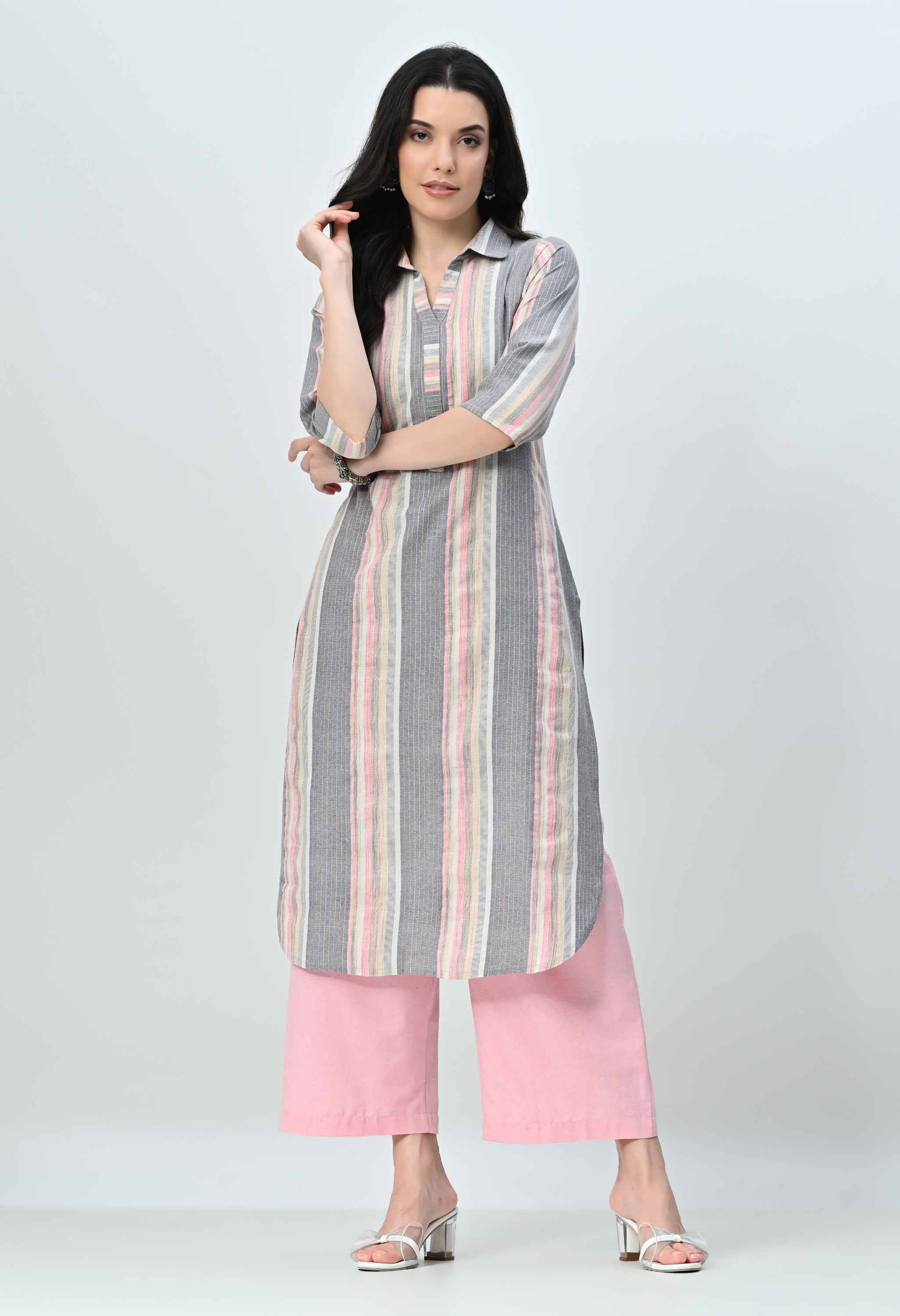 OTIRA Cotton Blend Striped Kurti With Palazzo Women's Stitched Salwar Suit - Multicolor ( Pack of 1 )