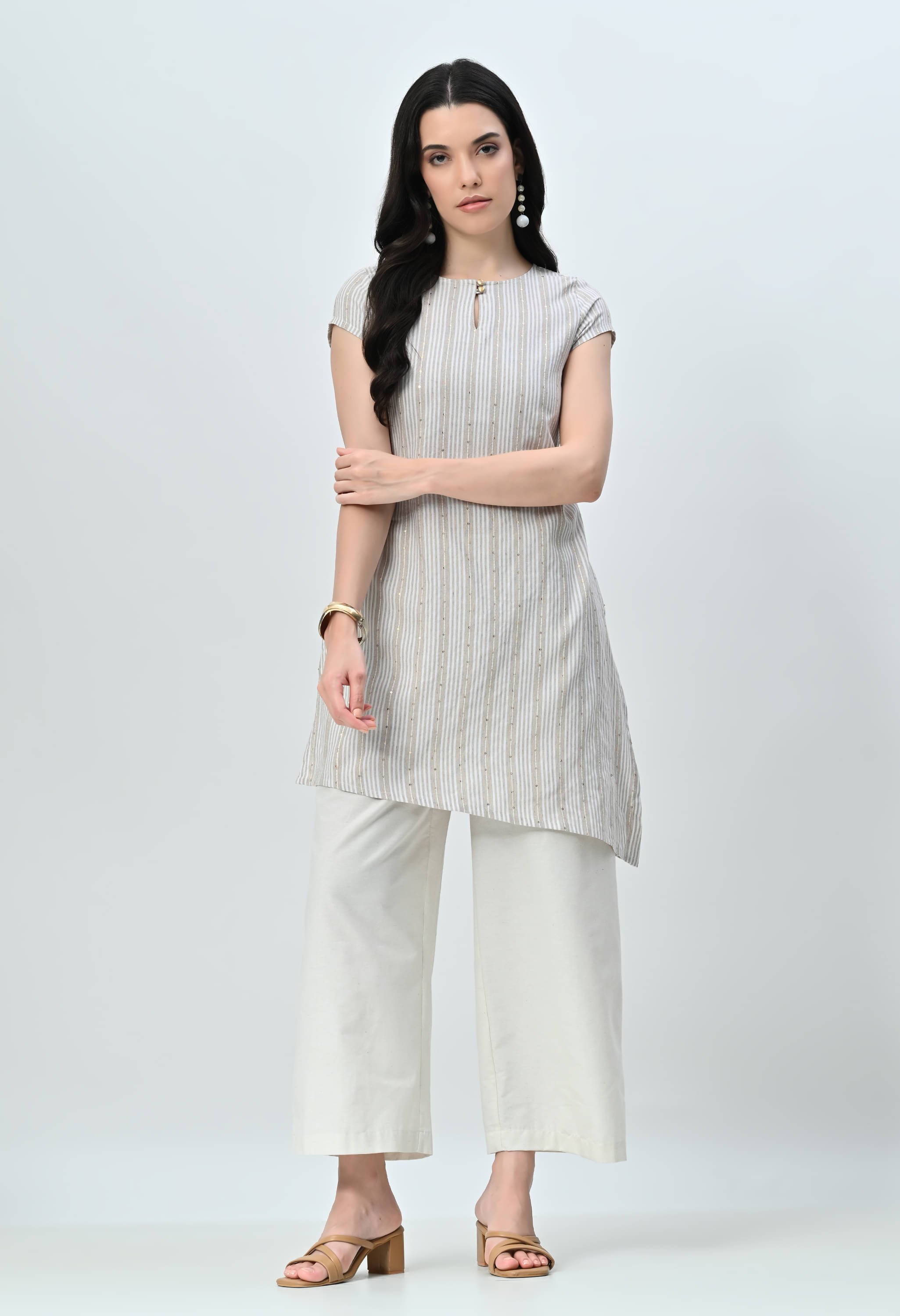 OTIRA Cotton Blend Striped Kurti With Palazzo Women's Stitched Salwar Suit - Beige ( Pack of 1 ) OTIRA Cotton Blend Striped Kurti With Palazzo Women's Stitched Salwar Suit - Beige ( Pack of 1 )