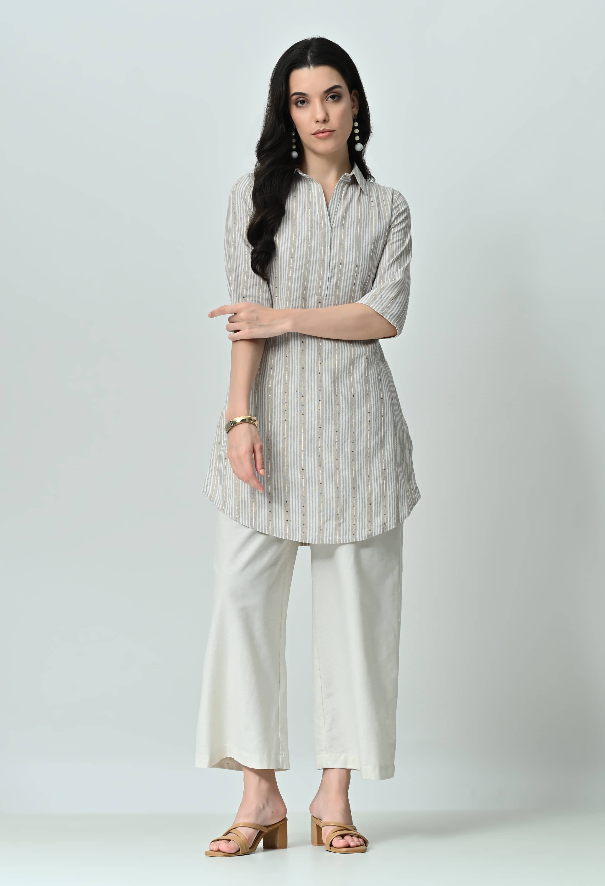OTIRA Cotton Blend Striped Kurti With Palazzo Women's Stitched Salwar Suit - Beige ( Pack of 1 )