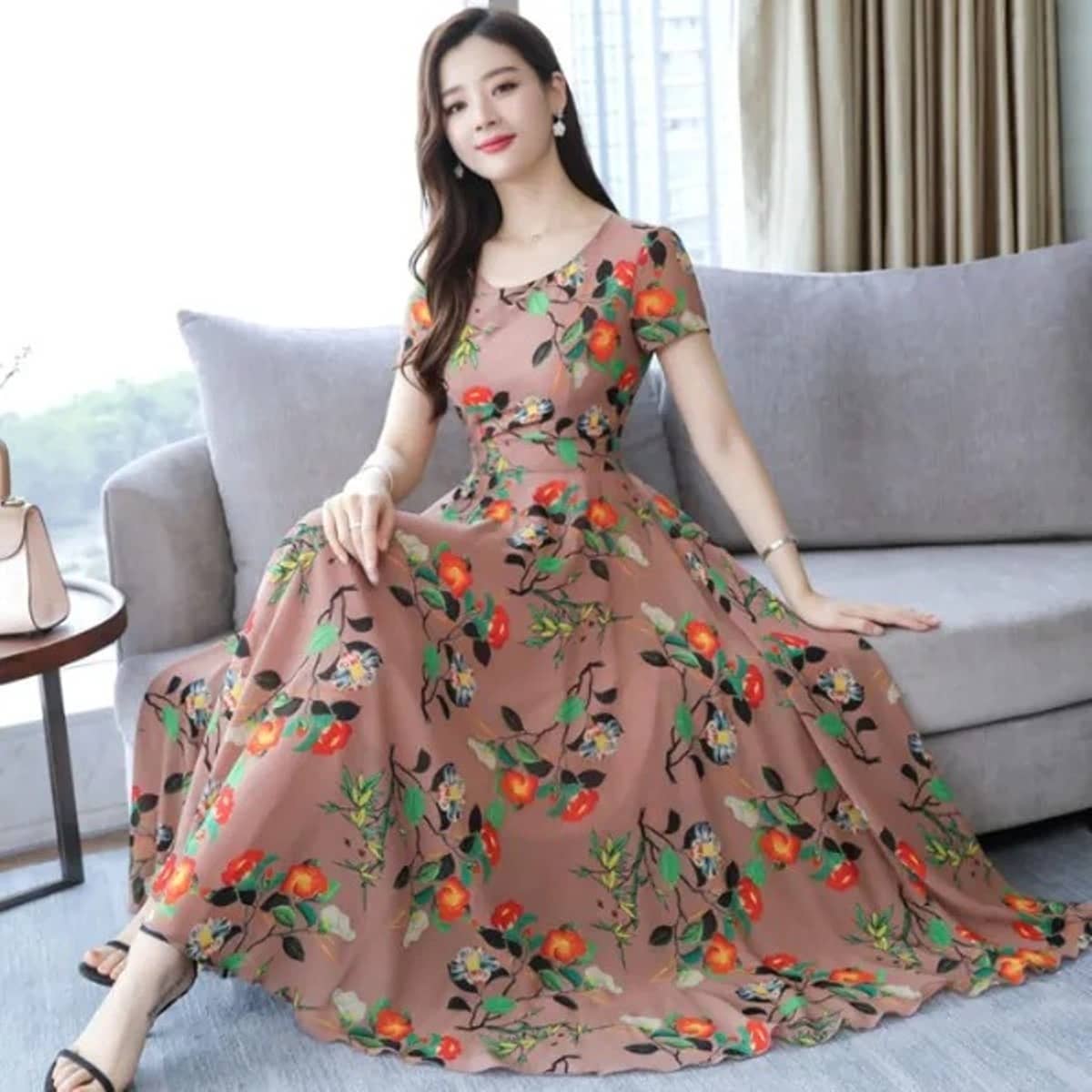 RAABTA FASHIION Women Crepe Printed Fit & Flare Dress ( Peach )