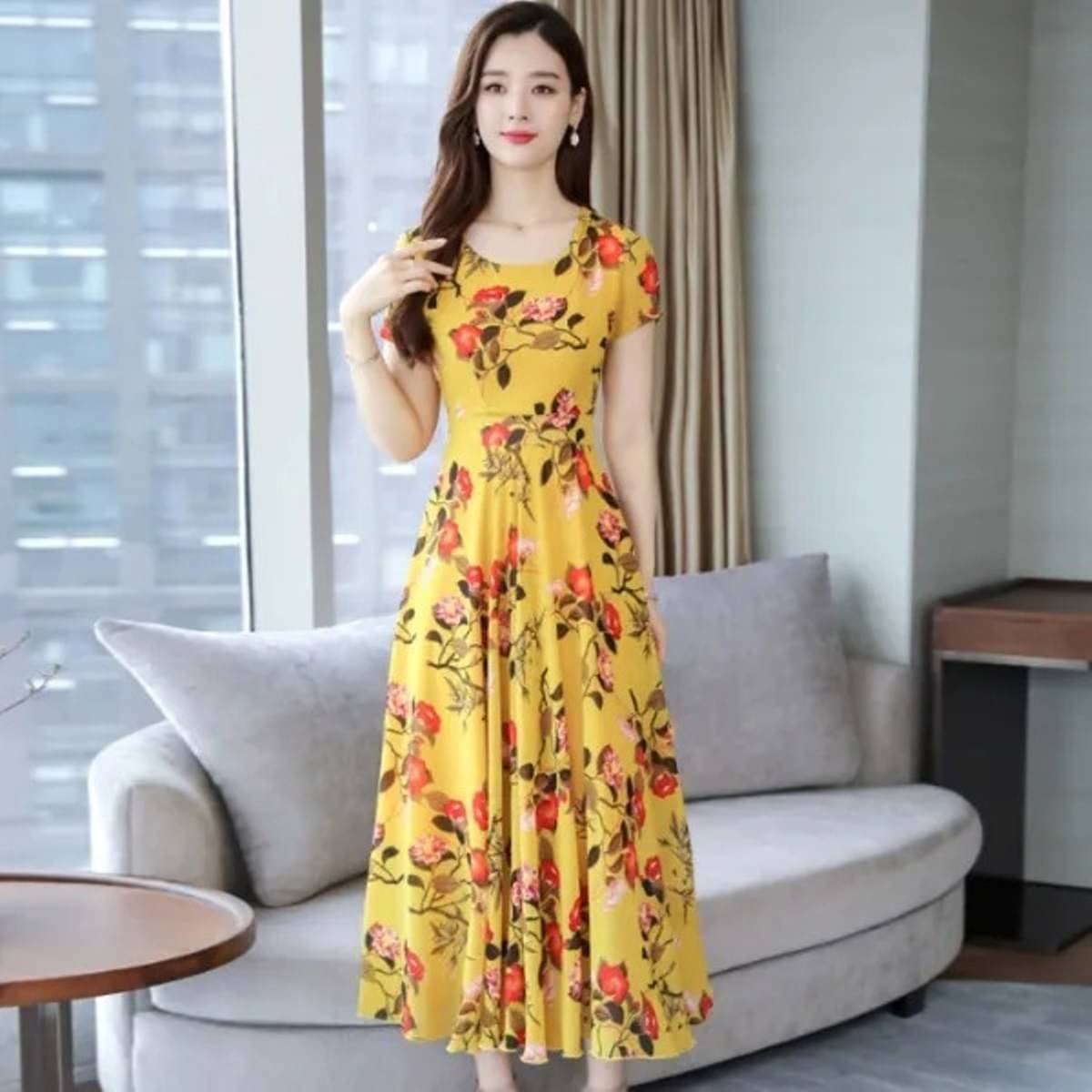 RAABTA FASHIION Women Crepe Printed Fit & Flare Dress ( Yellow ) RAABTA FASHIION Women Crepe Printed Fit & Flare Dress ( Yellow )